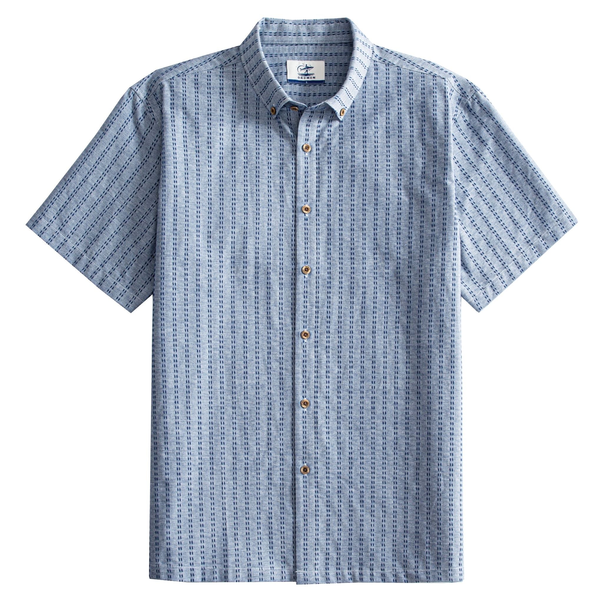 OROMEN Sashiko Chambray shirt front flat lay, allover navy Sashiko stitch on washed chambray blue