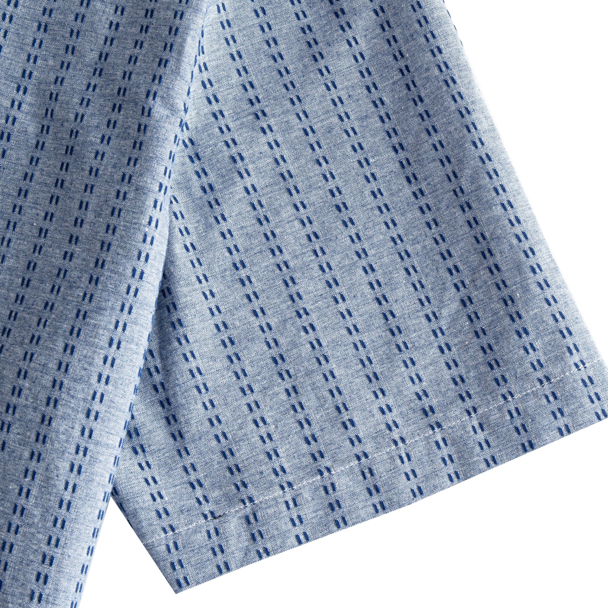 OROMEN Sashiko Chambray shirt sleeve detail, navy running stitch pattern on washed chambray blue cotton