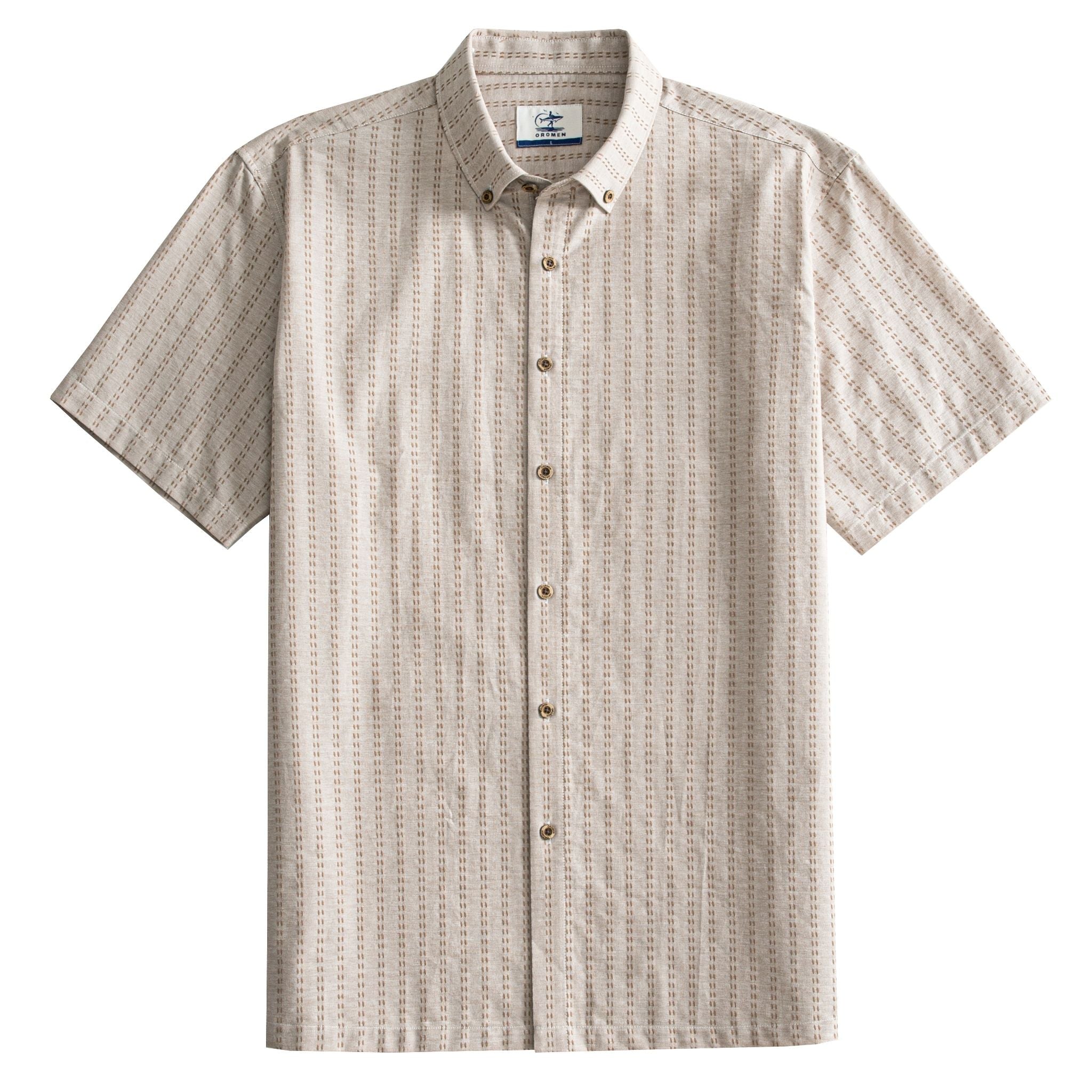 OROMEN Sashiko Natural shirt front flat lay, allover tan Sashiko stitch stripe on oatmeal cotton