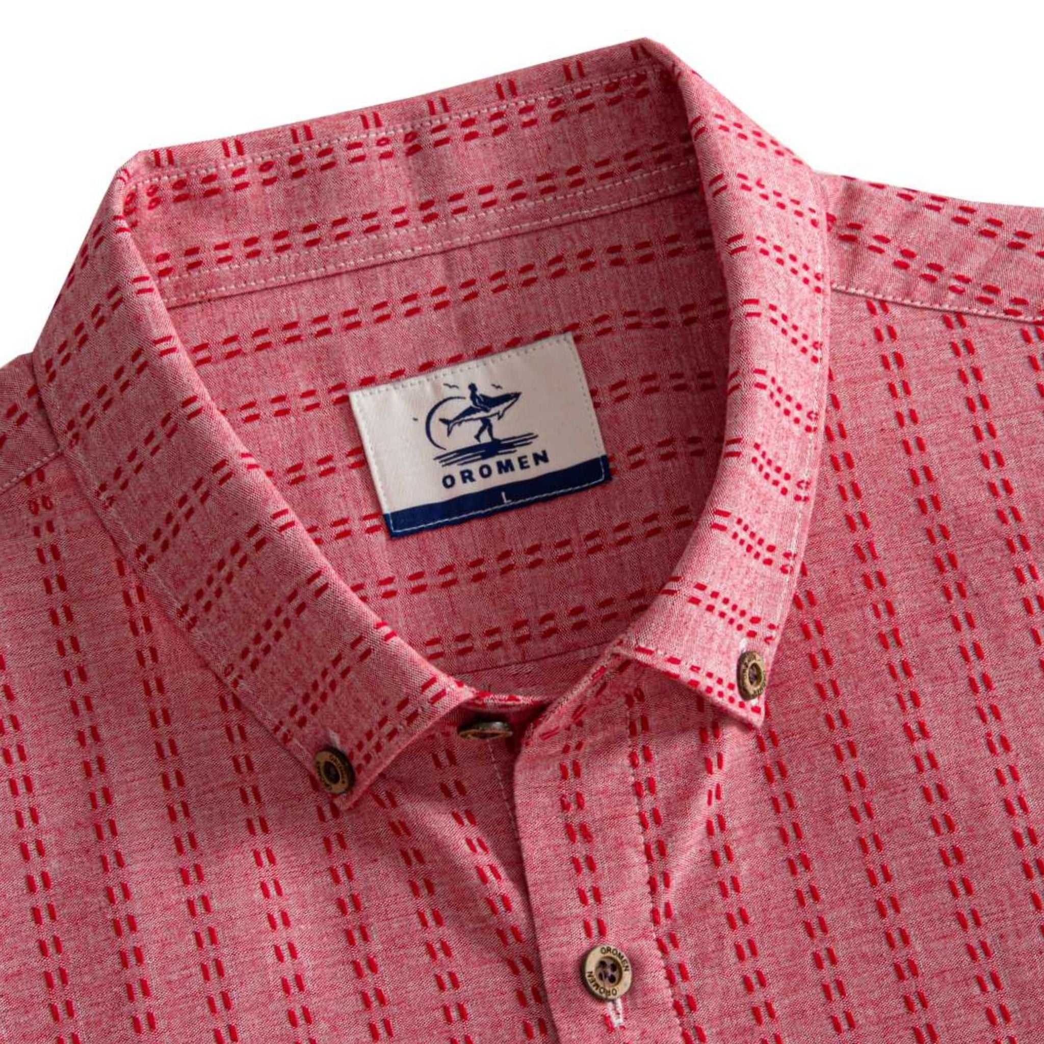 OROMEN Sashiko Stripe shirt button-down collar and branded label detail, crimson Sashiko stripe on rose pink