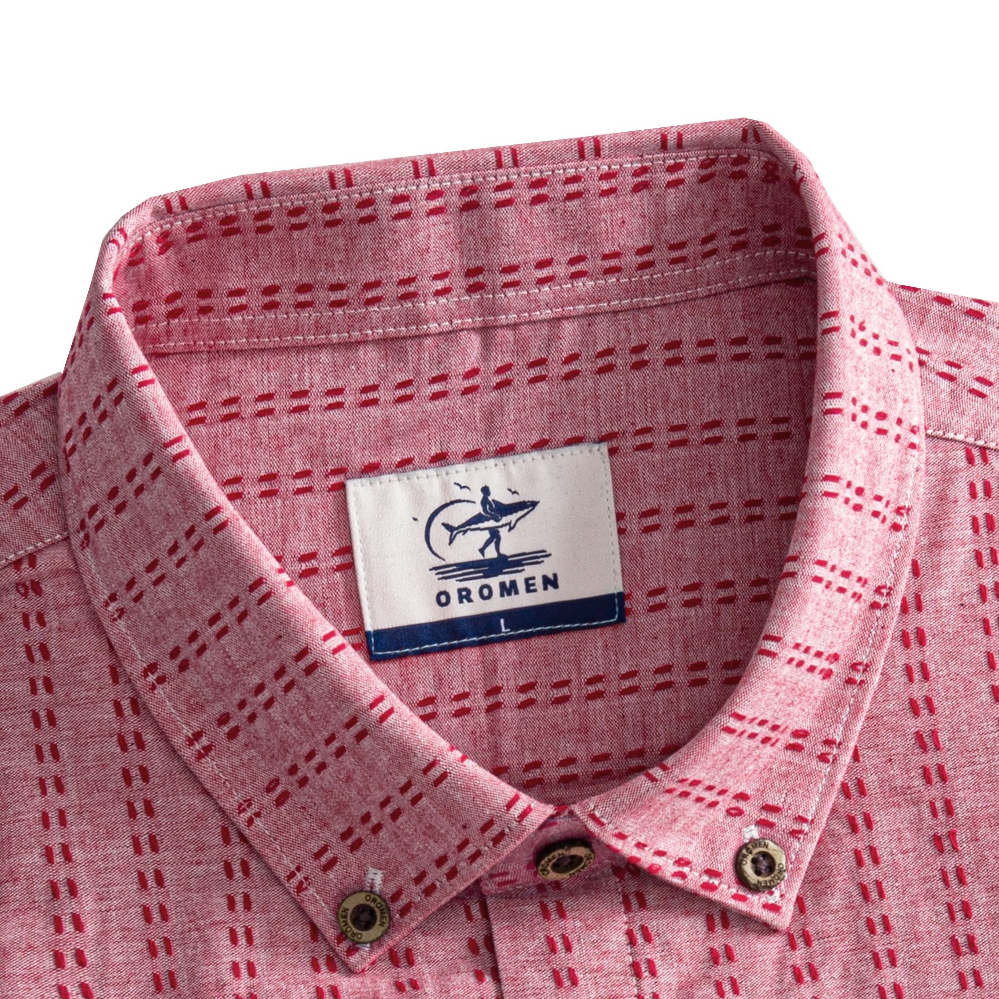 OROMEN Sashiko Stripe shirt button-down collar and branded label detail, crimson Sashiko stripe on rose pink