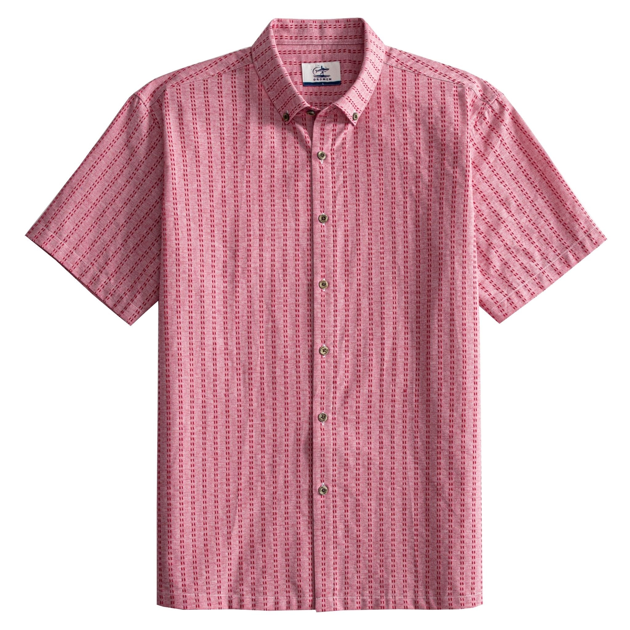 OROMEN Sashiko Stripe shirt front flat lay, allover crimson Sashiko running stitch stripe on rose pink