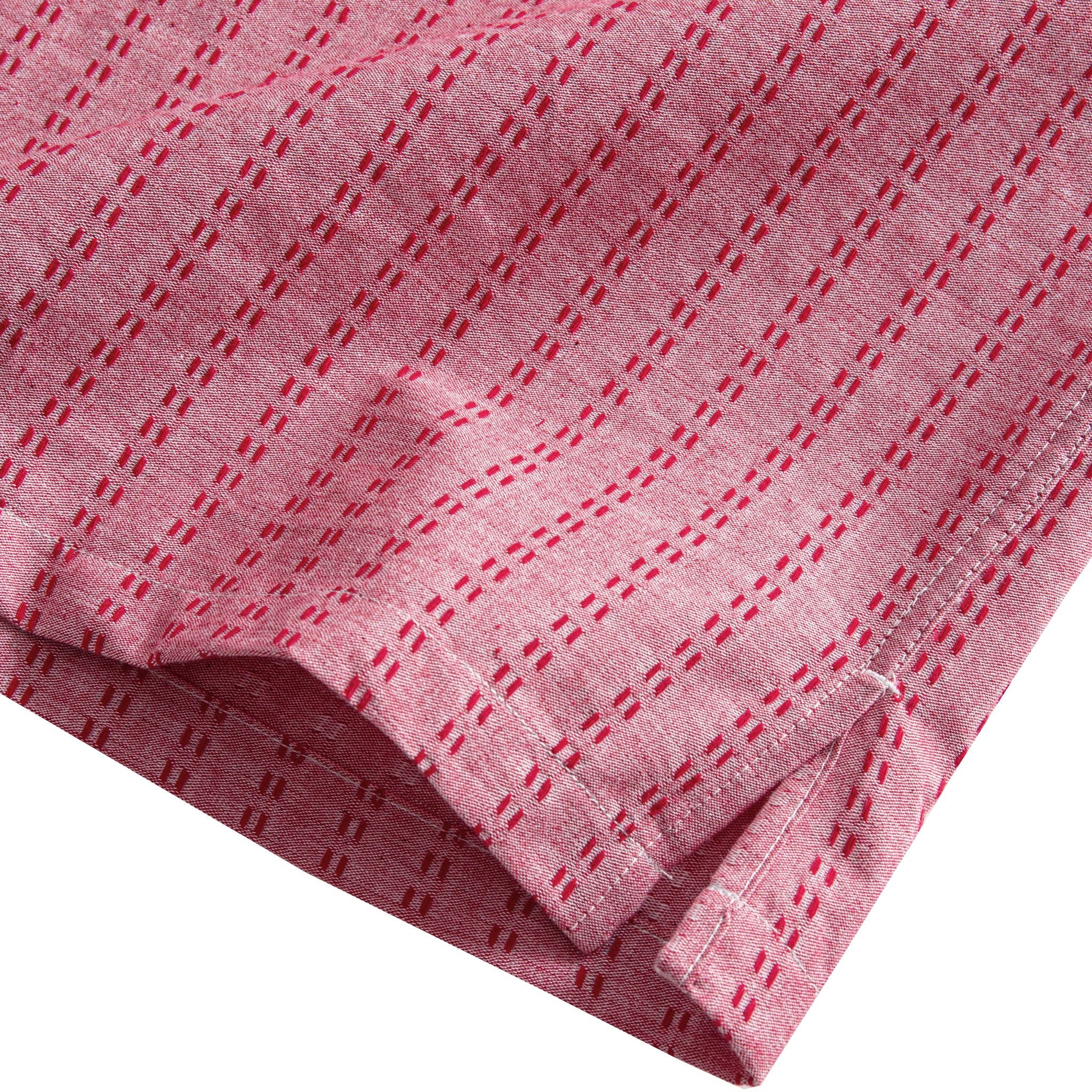 OROMEN Sashiko Stripe shirt side vent and hem detail, crimson Sashiko stripe with double needle stitching