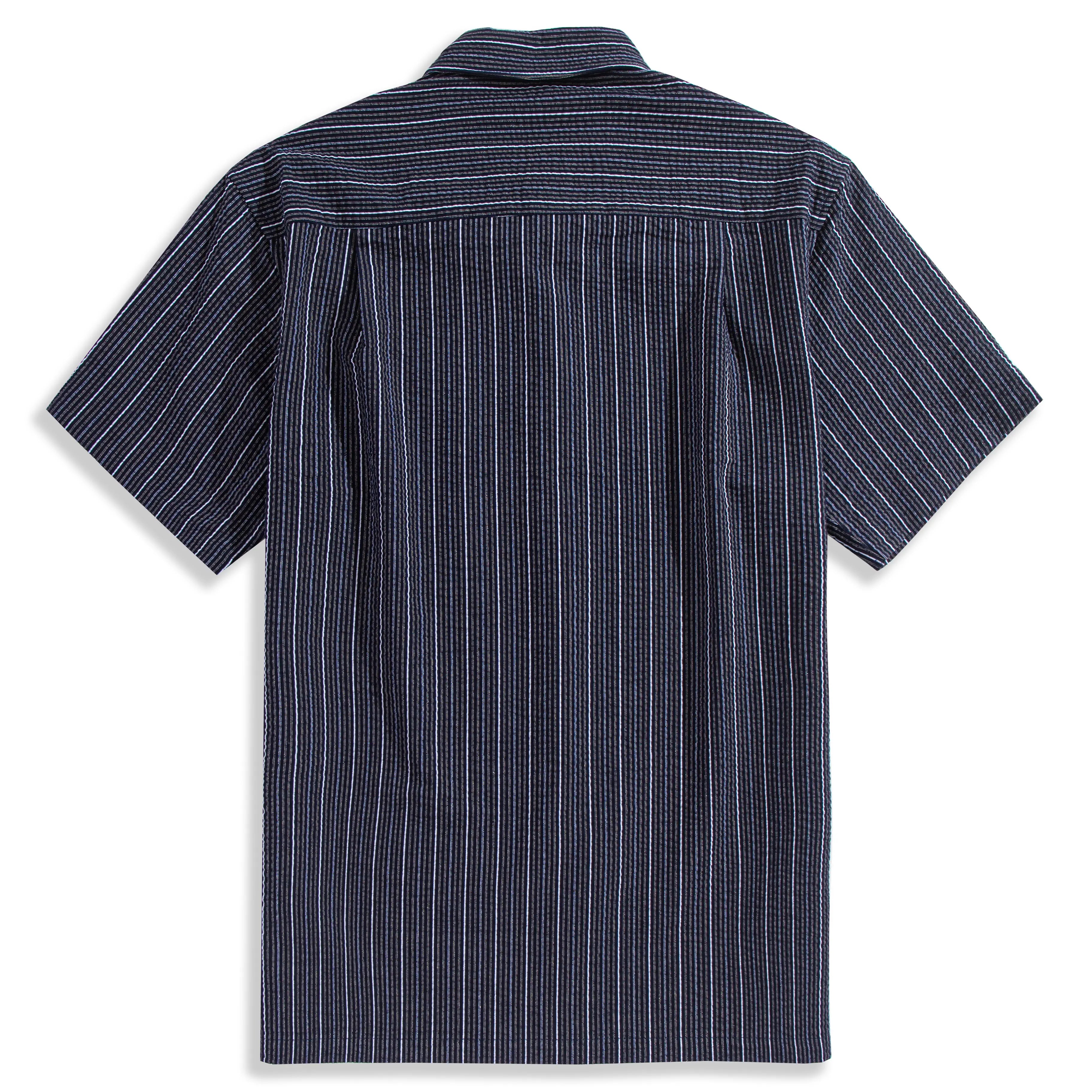 OROMEN Seersucker Striped Shirt — Back View with Box Pleat