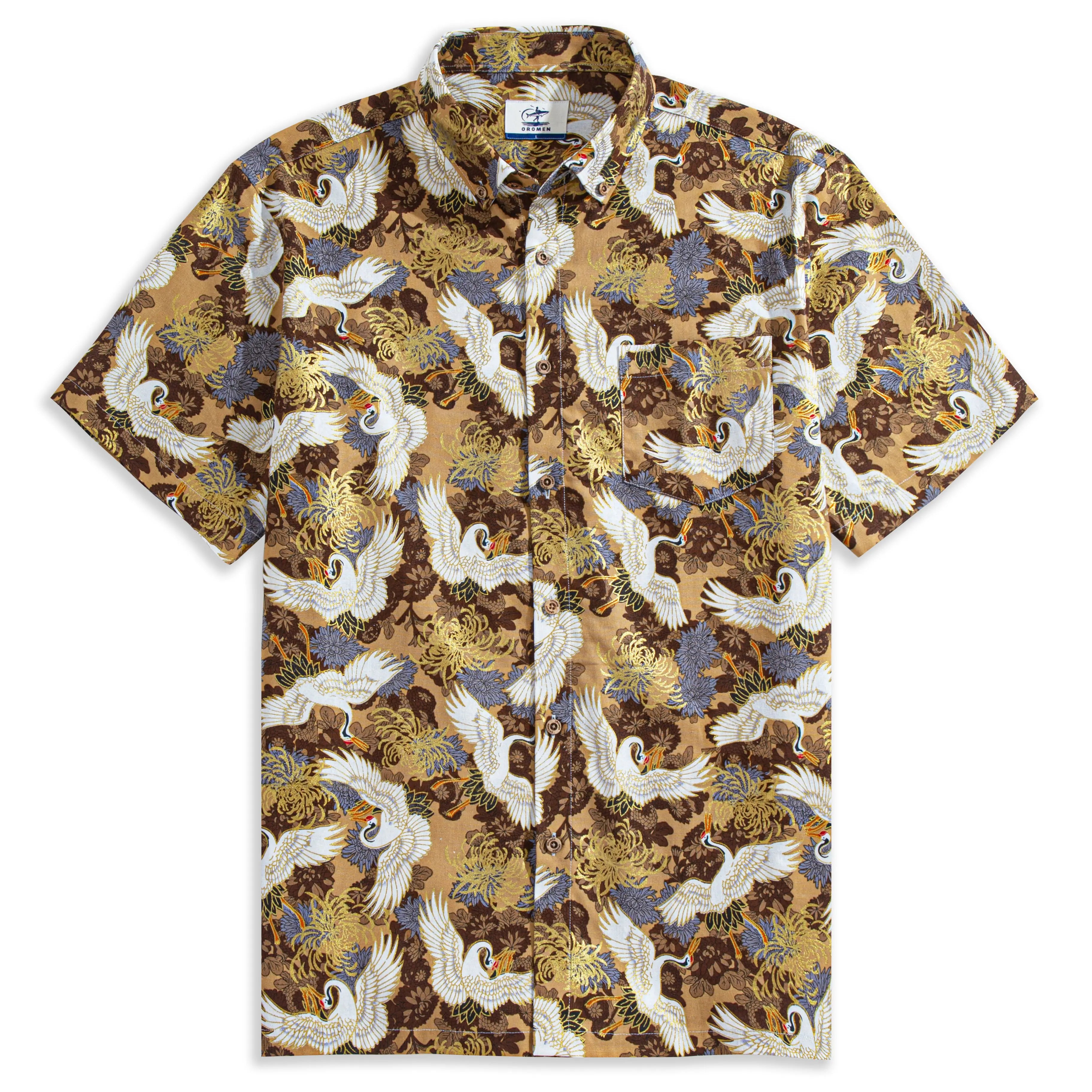OROMEN Soaring Crane Hawaiian Shirt – Hand-Painted Ukiyo-e Print, 100% Cotton