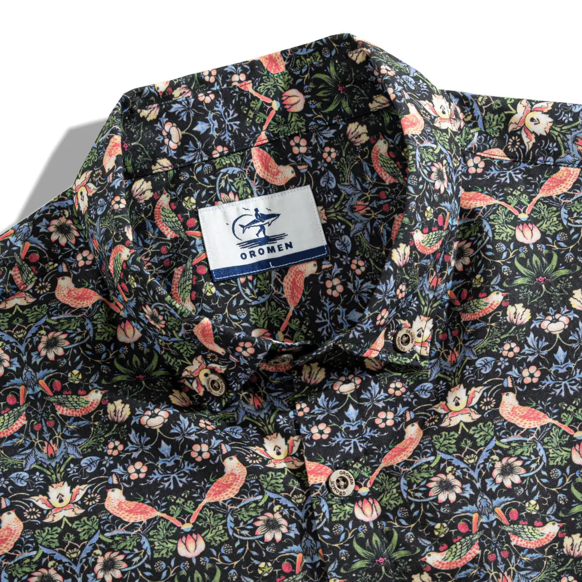 OROMEN Strawberry Thief Aloha Shirt – camp collar close-up with brand label, bird and floral print detail