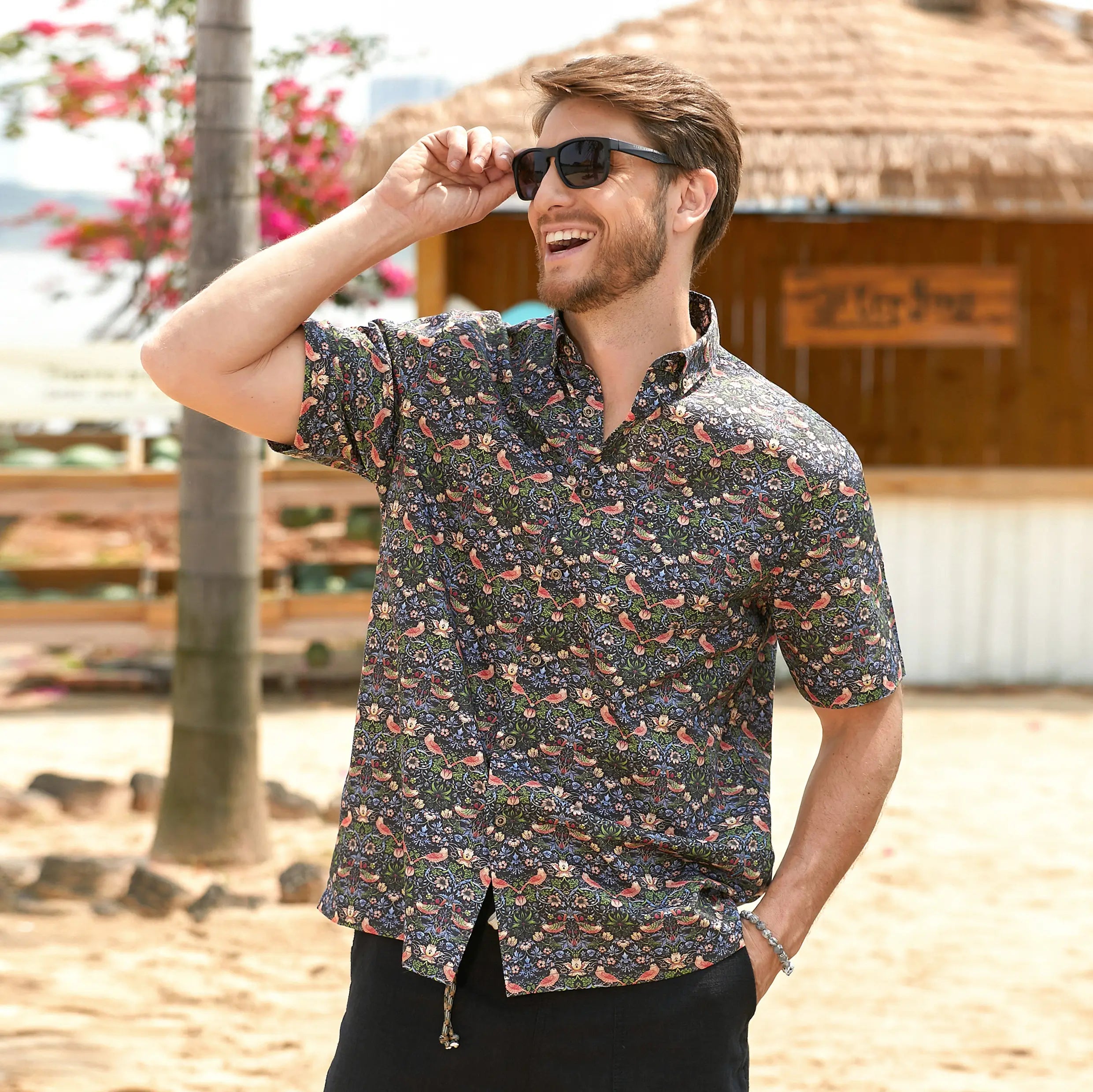 OROMEN Strawberry Thief Hawaiian Shirt – Model wearing loose fit
