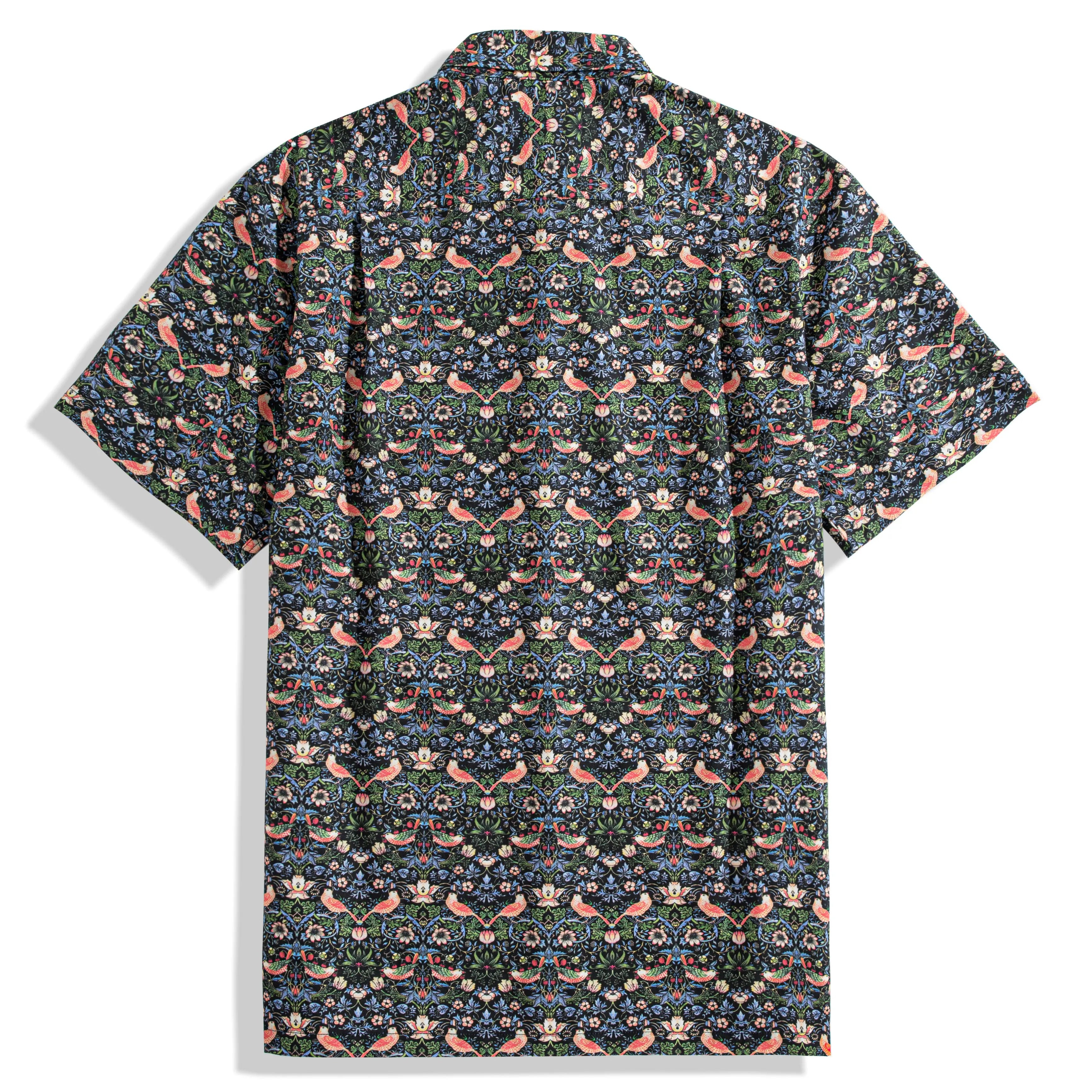 OROMEN Strawberry Thief Hawaiian shirt – back view, all-over symmetrical bird and floral print short sleeve