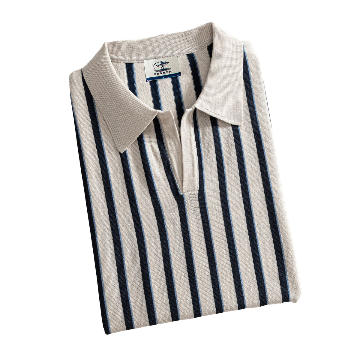OROMEN Stripe Knit Open-Collar Polo cream folded display with label
