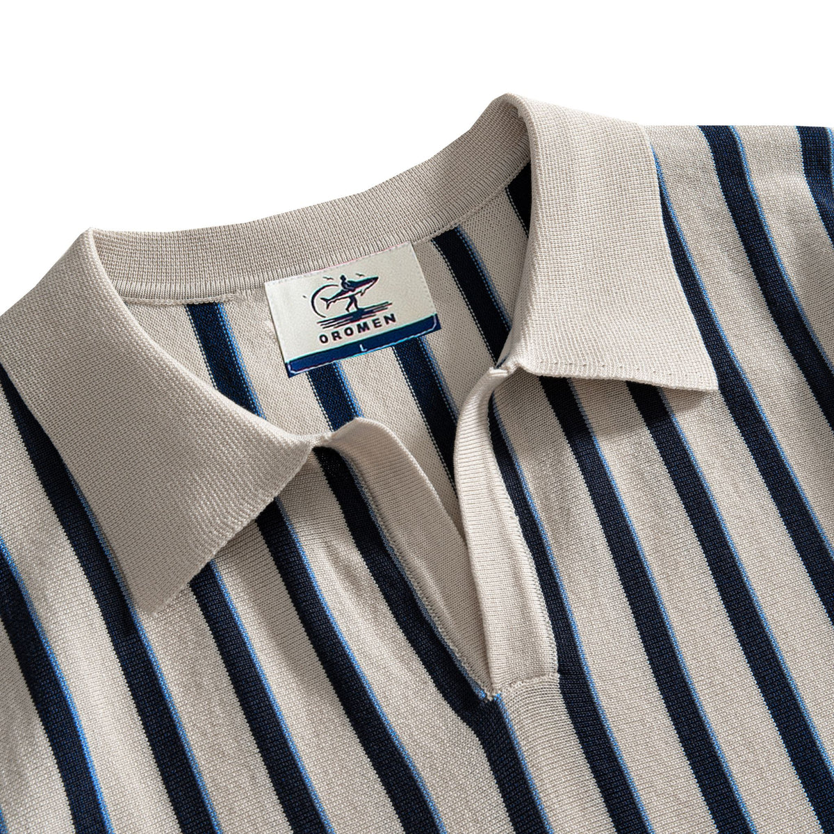 OROMEN Stripe Knit Open-Collar Polo cream open polo collar detail close-up