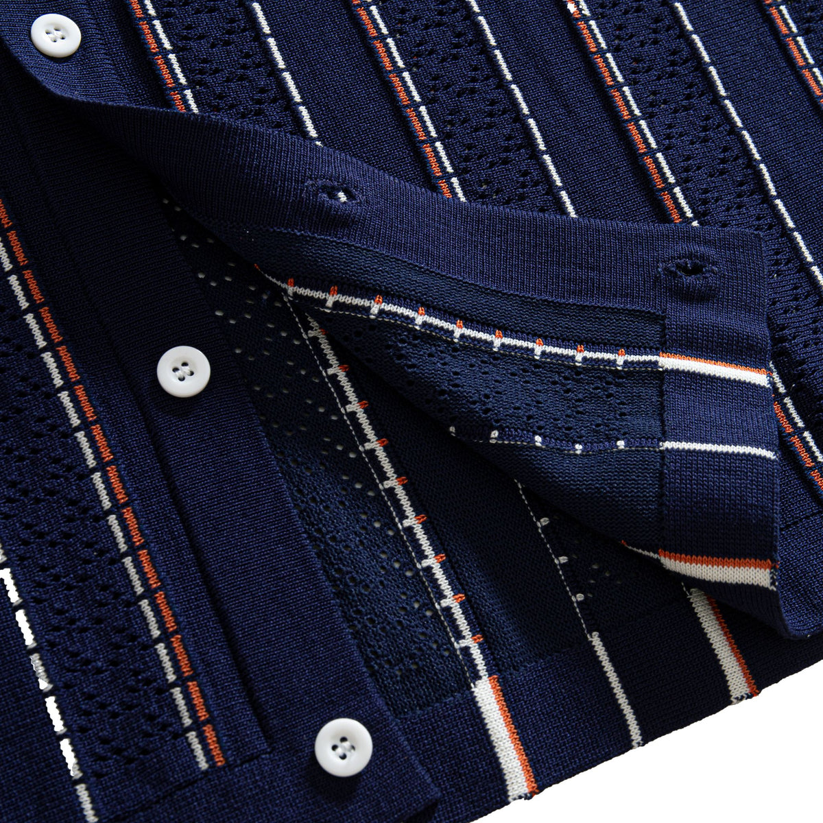 OROMEN Striped Jacquard Openwork Knit Polo navy blue front hem center detail