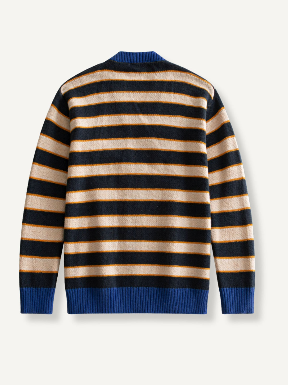 OROMEN Striped Swirl Jacquard Knit Cardigan back flat lay showing continuous horizontal stripes
