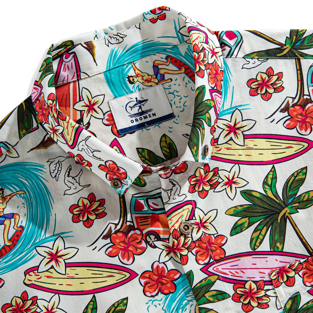 OROMEN Surf Junkie Aloha Shirt – Collar Detail and Brand Label Close-up