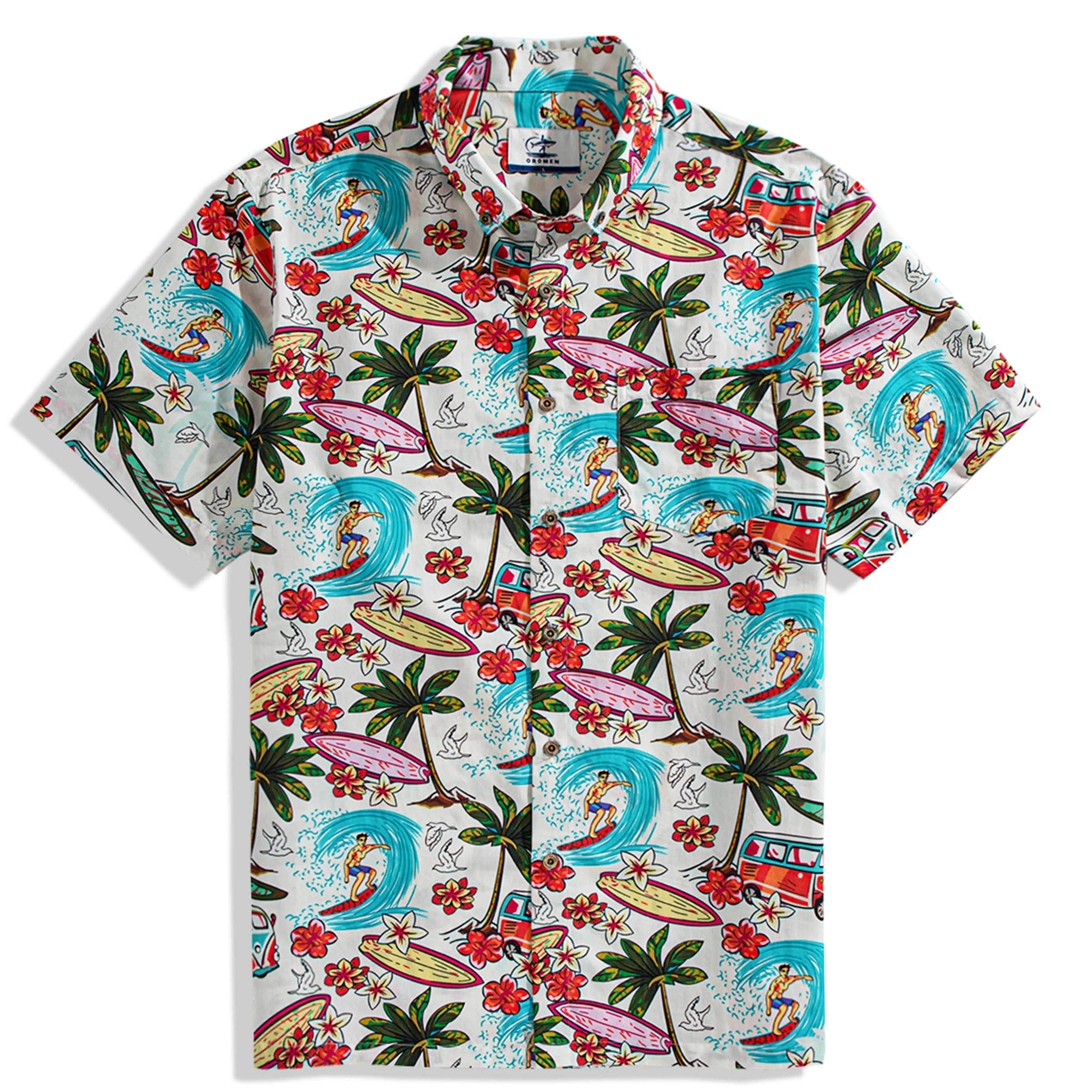 OROMEN Surf Junkie Aloha Shirt – Hawaiian Surfer Print Front View