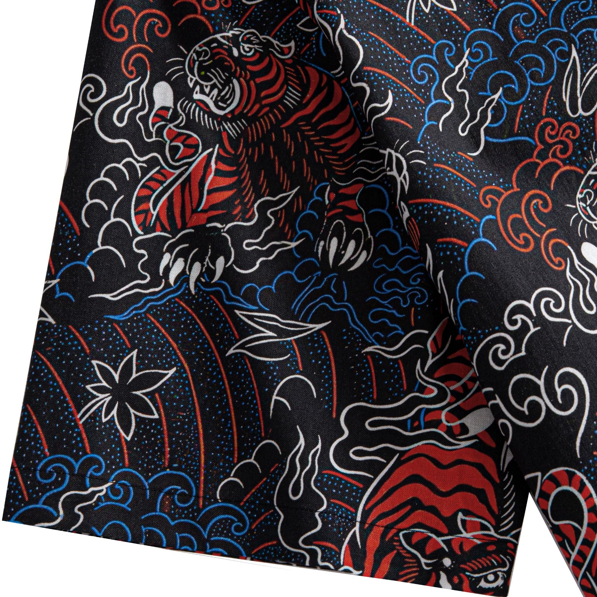 OROMEN Tiger Wave Hawaiian Shirt – sleeve cuff close-up showing roaring red tiger with white claws blue ocean waves and maple leaf motifs on black cotton short sleeve hem edge detail
