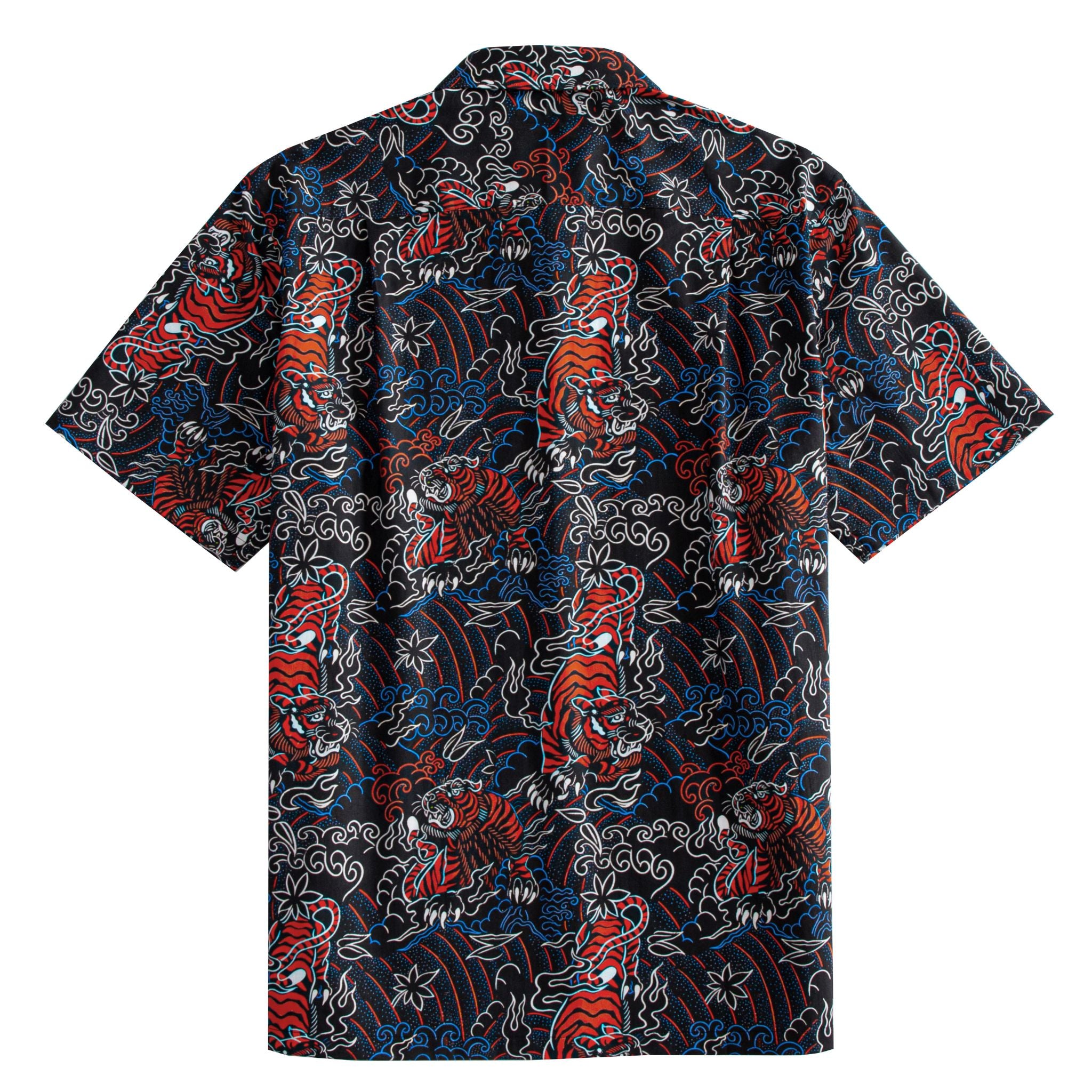 OROMEN Tiger Wave Hawaiian Shirt – back view showing all-over symmetrical red Japanese tiger print with blue waves white clouds and maple leaves on black short sleeve with back box pleat