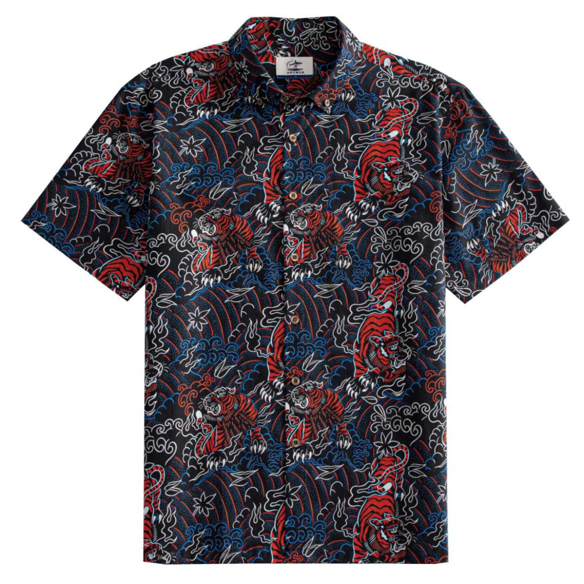 OROMEN Tiger Wave Hawaiian Shirt – front full view on white background black ground with all-over red Japanese tiger blue ocean wave and maple leaf print button-down collar
