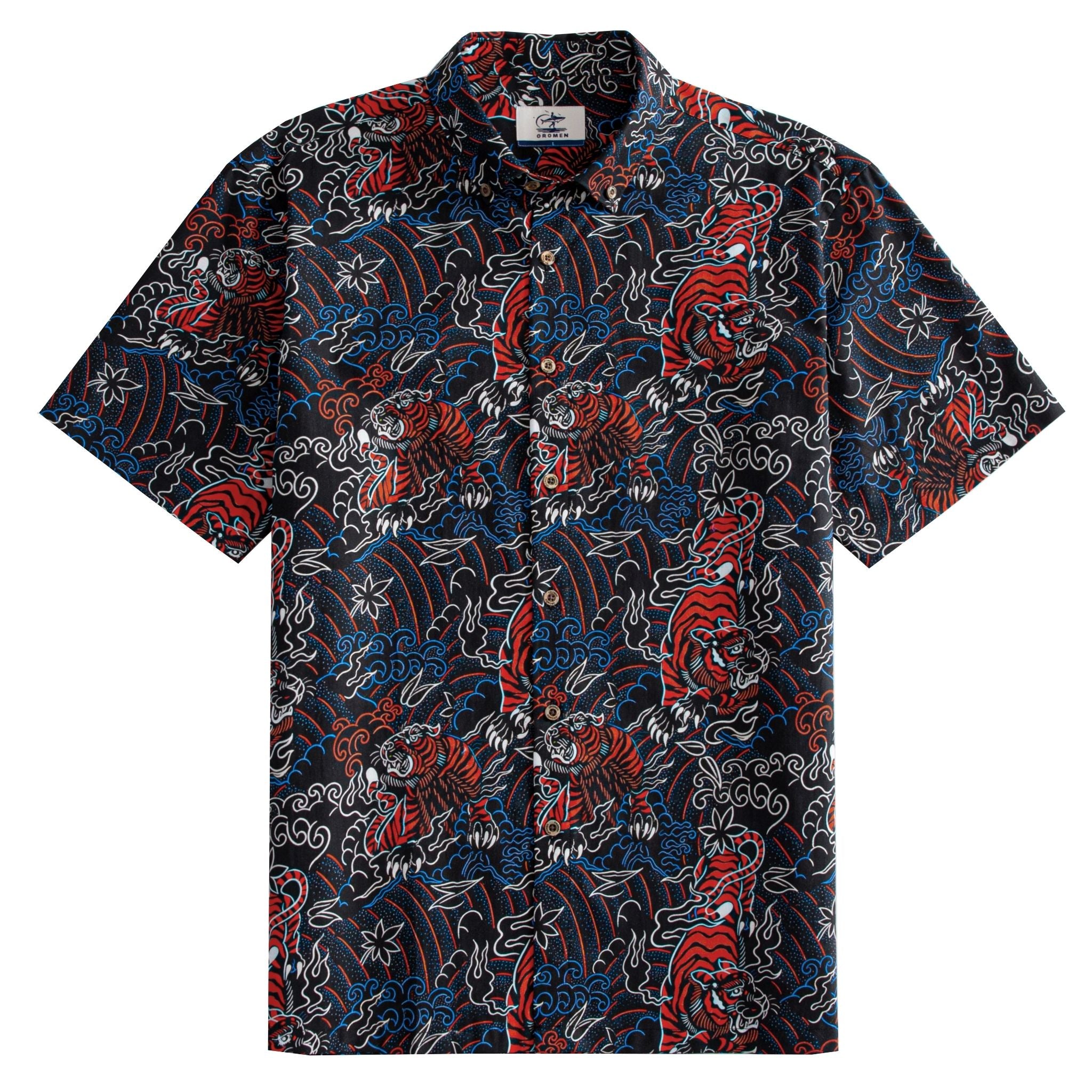 OROMEN Tiger Wave Hawaiian Shirt – front full view on white background black ground with all-over red Japanese tiger blue ocean wave and maple leaf print button-down collar