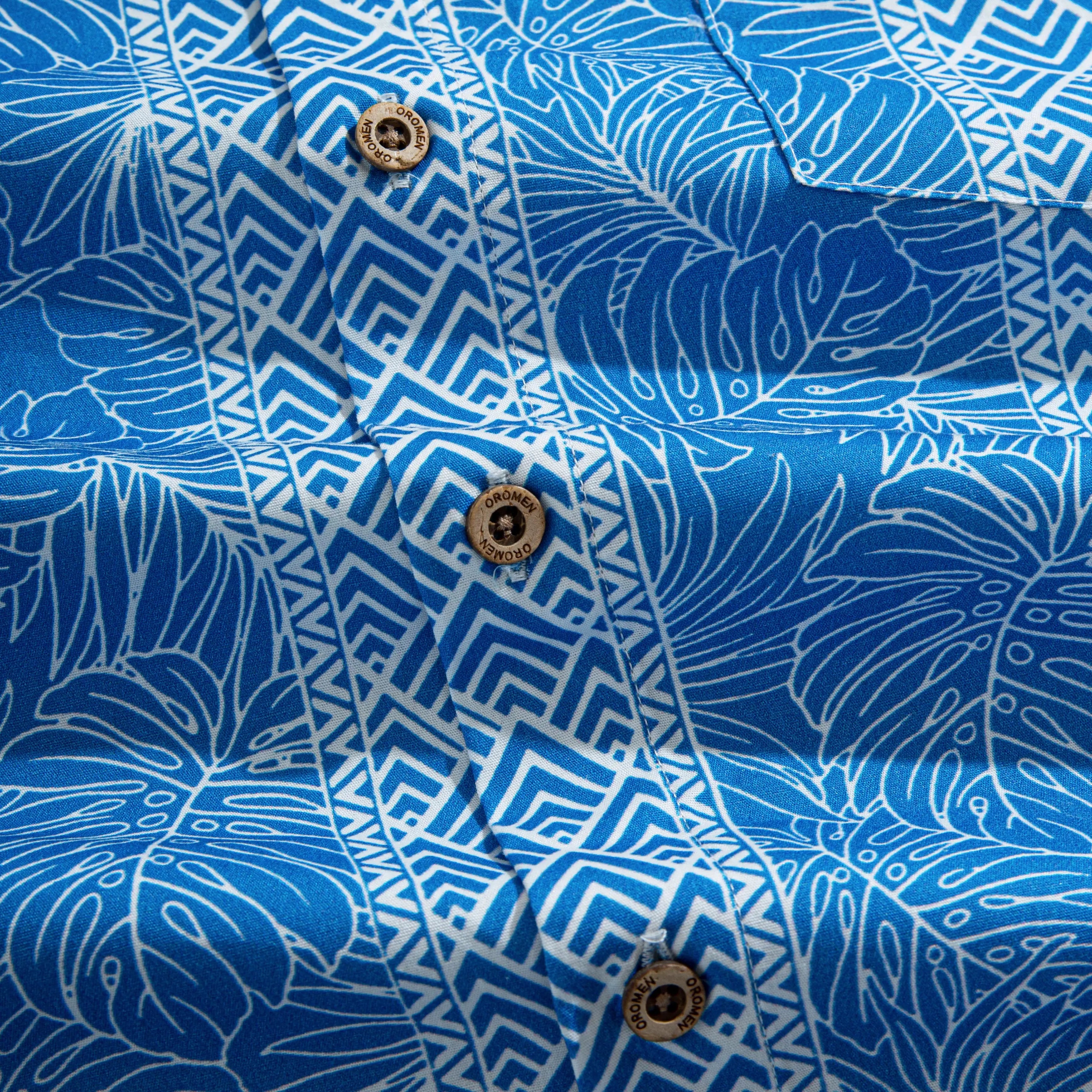 OROMEN Totem And Leaf Hawaiian Shirt — natural coconut buttons close-up