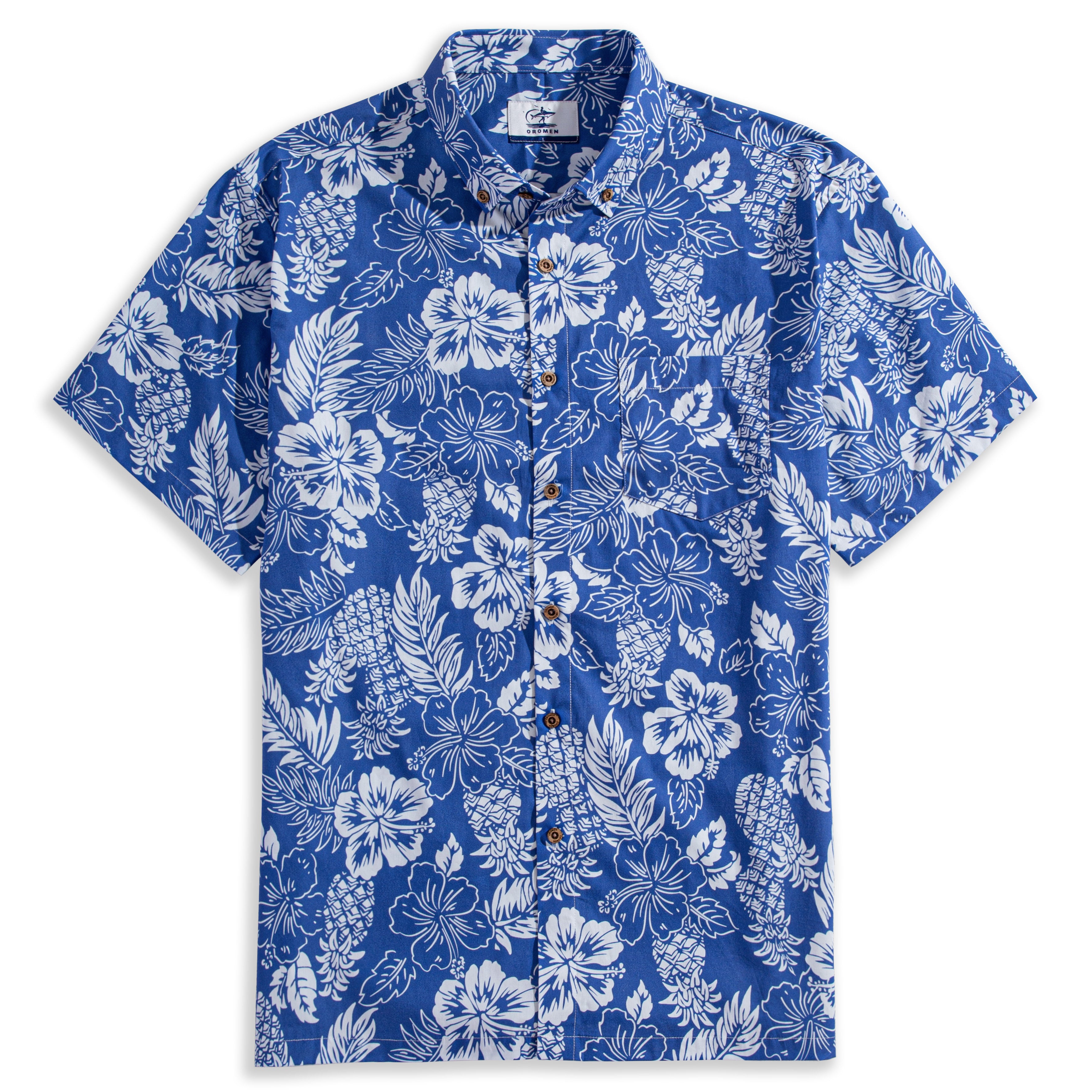 OROMEN Tropical Paradise Hawaiian Shirt – front full view on white background, navy blue with all-over white hand-painted hibiscus, pineapple and tropical leaf print, button-down collar, coconut buttons and chest pocket