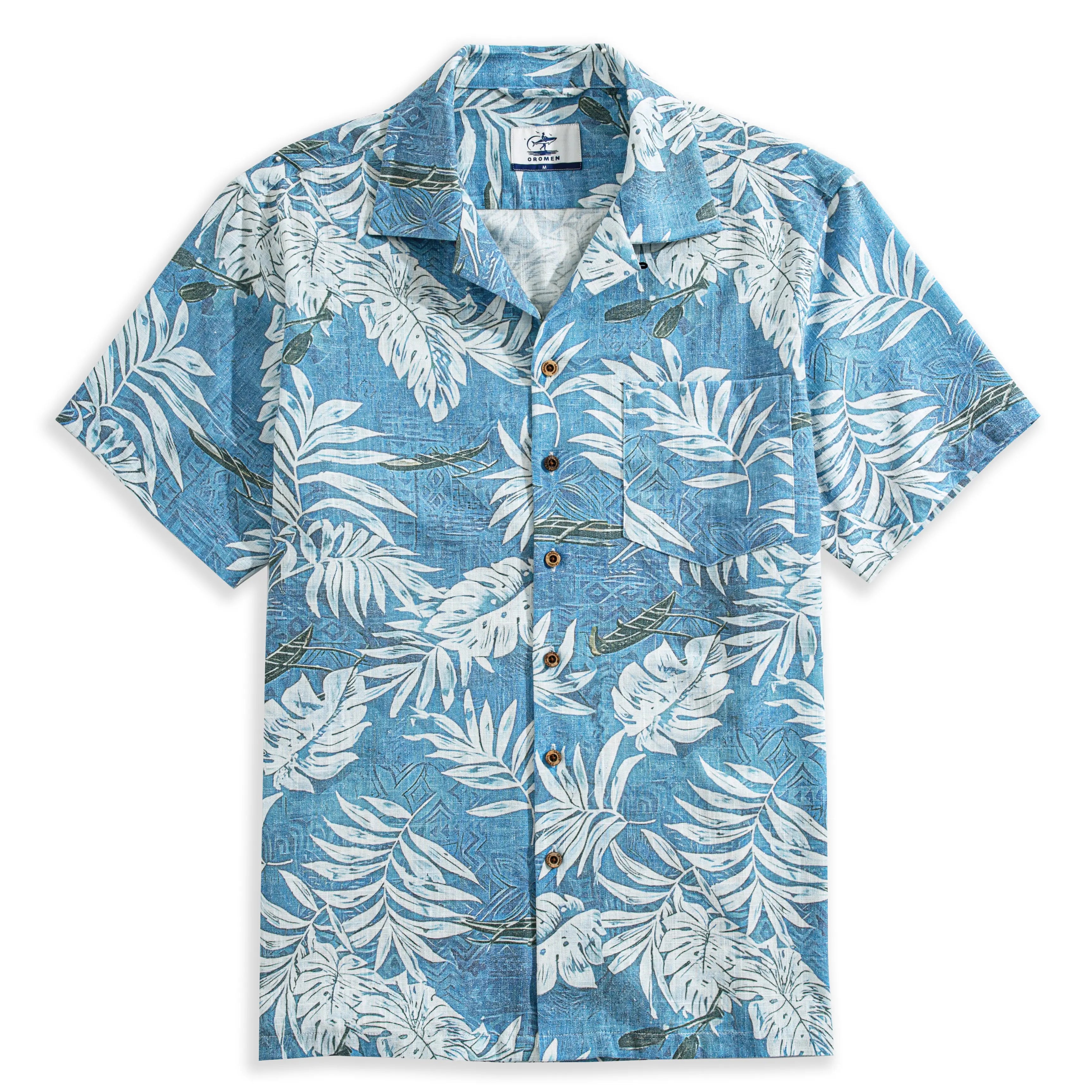 OROMEN Tropical Totem Aloha Shirt – Blue Tropical Leaf Print Front View