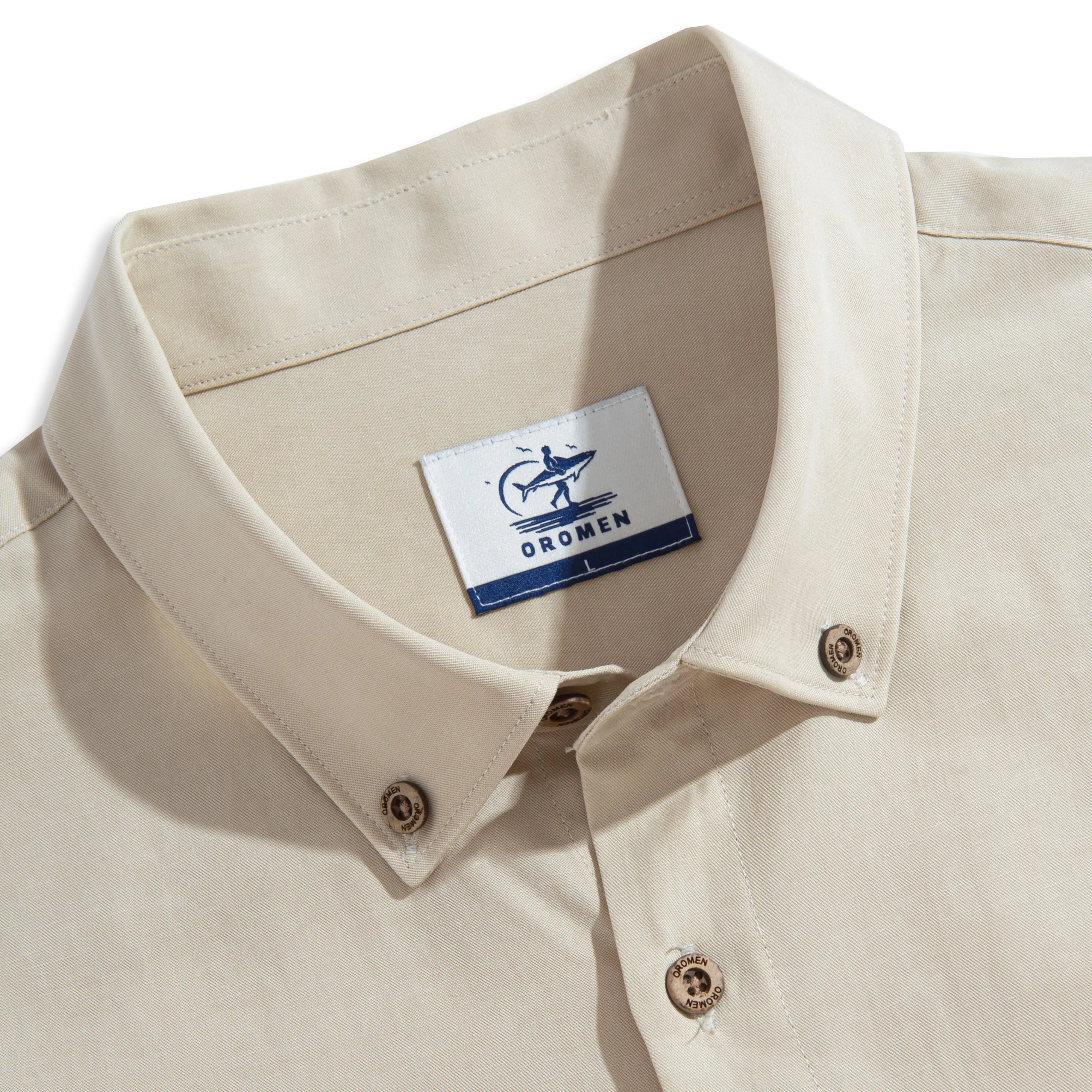 OROMEN Versatile Shirt button-down collar detail – beige Tencel™ linen with structured collar
