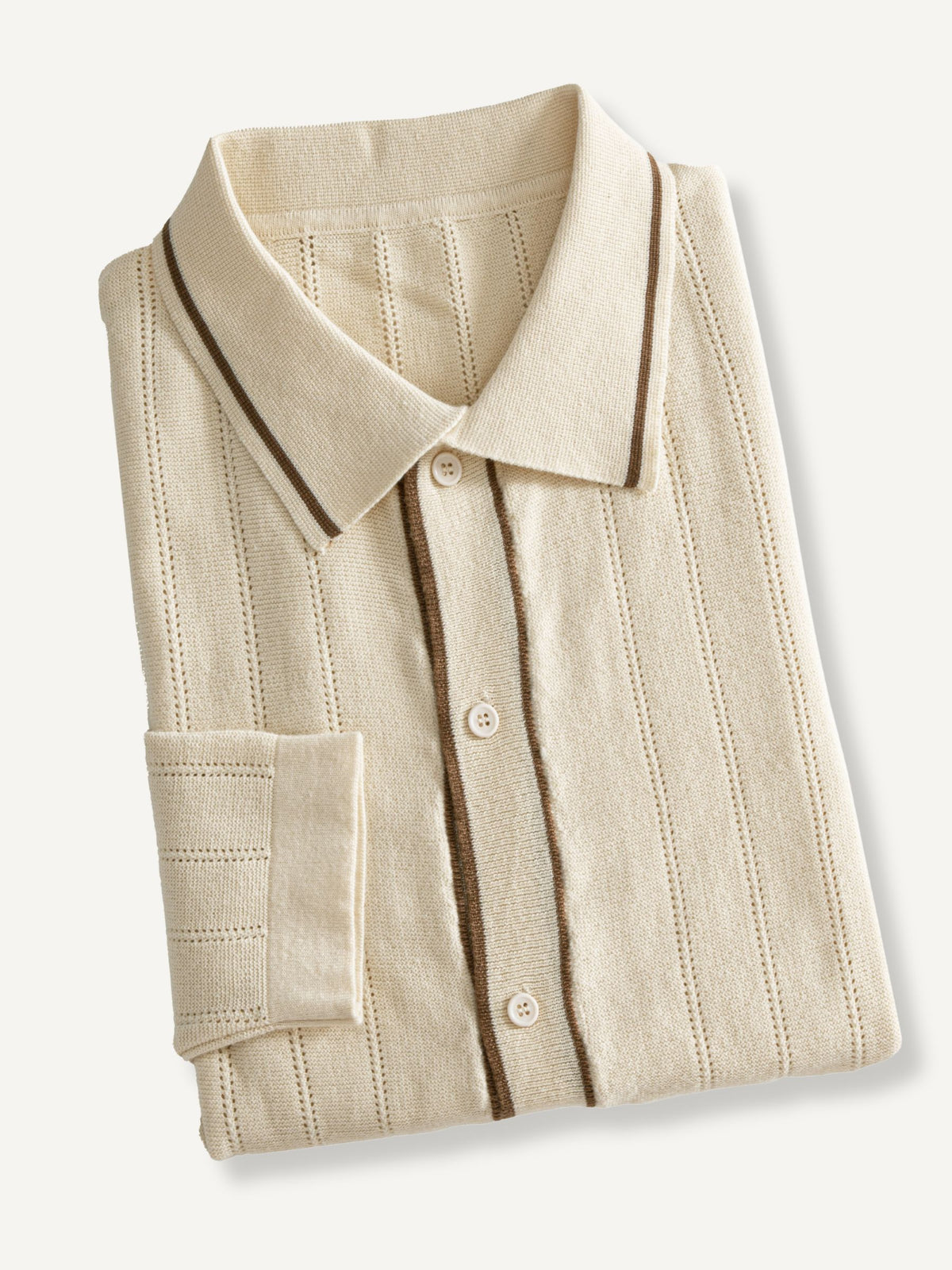 OROMEN Vertical Stripe Contrast Knit Polo neatly folded flat lay displaying contrast collar and knit