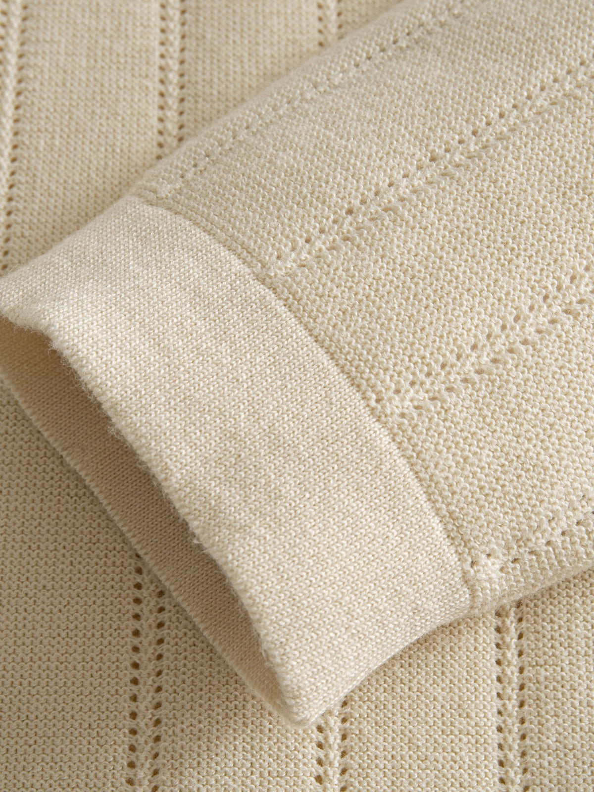 OROMEN Vertical Stripe Contrast Knit Polo sleeve cuff detail showing structured ribbed knit finish