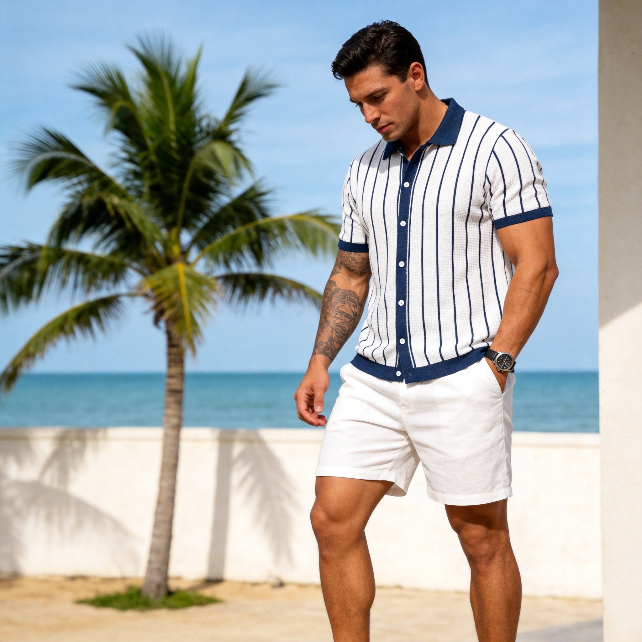 OROMEN Vertical Stripe Knit Polo Shirt – Side Profile View