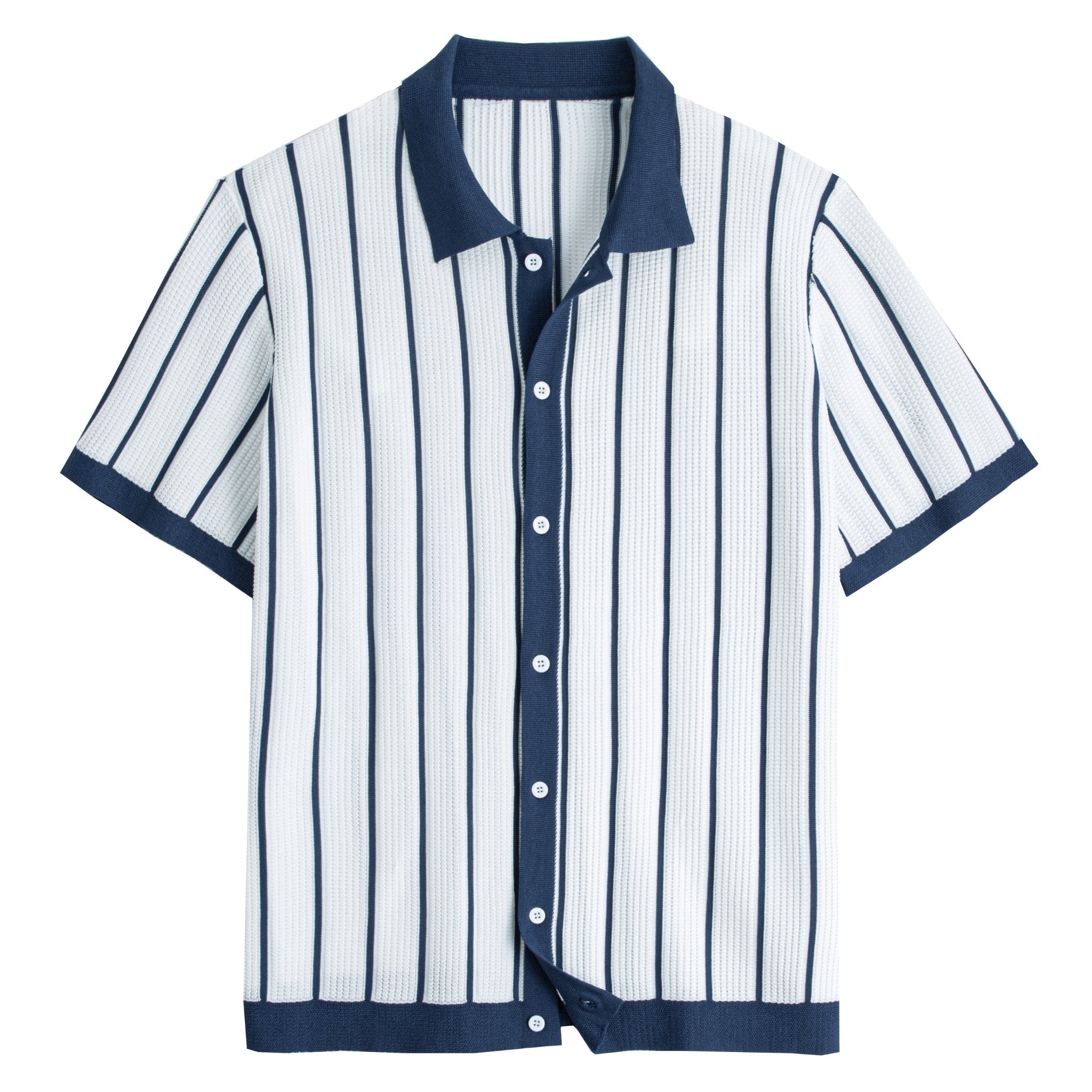 OROMEN Vertical Stripe Knit Polo Shirt in Navy Blue – Front View