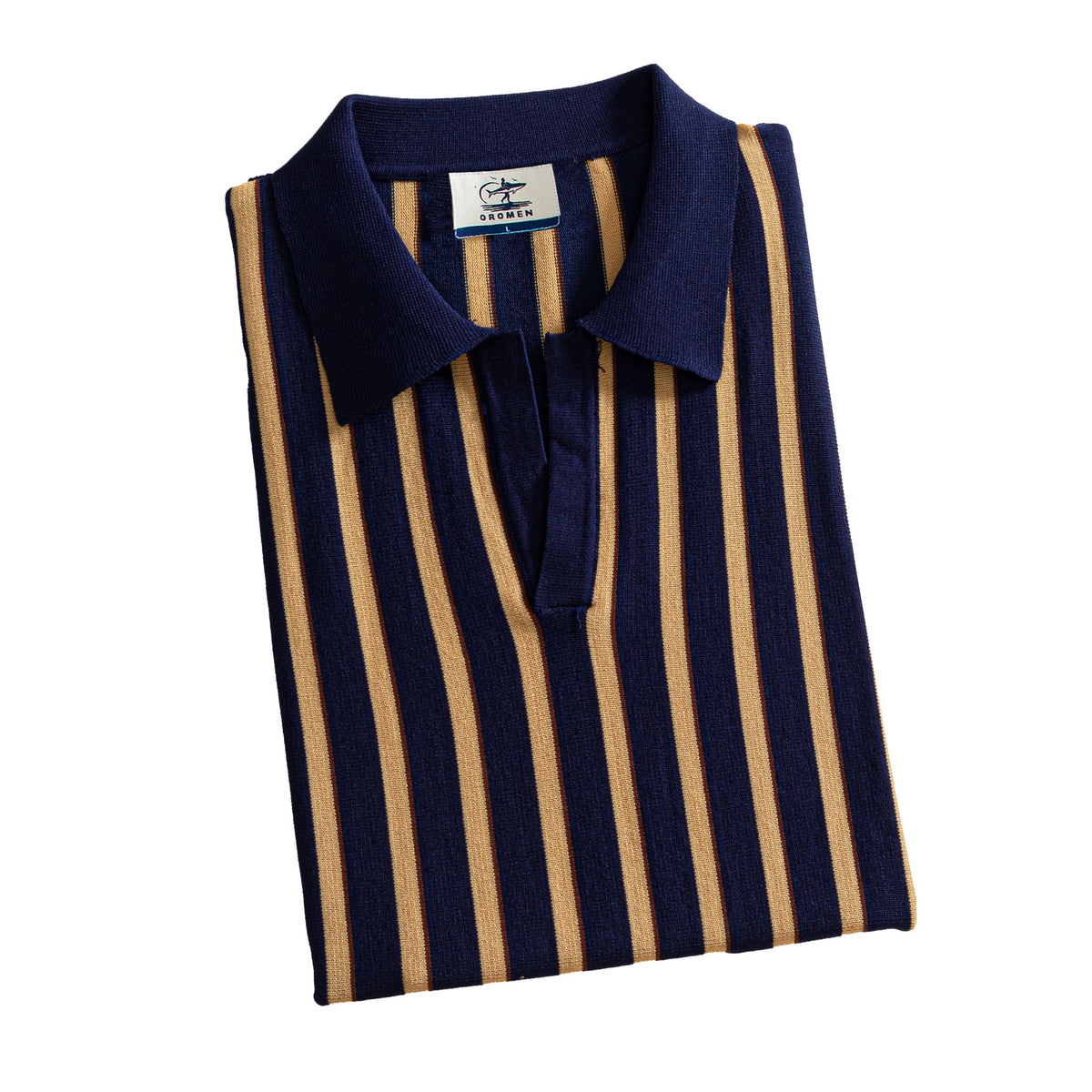 OROMEN Vertical Stripe Knit Polo navy blue folded display with label