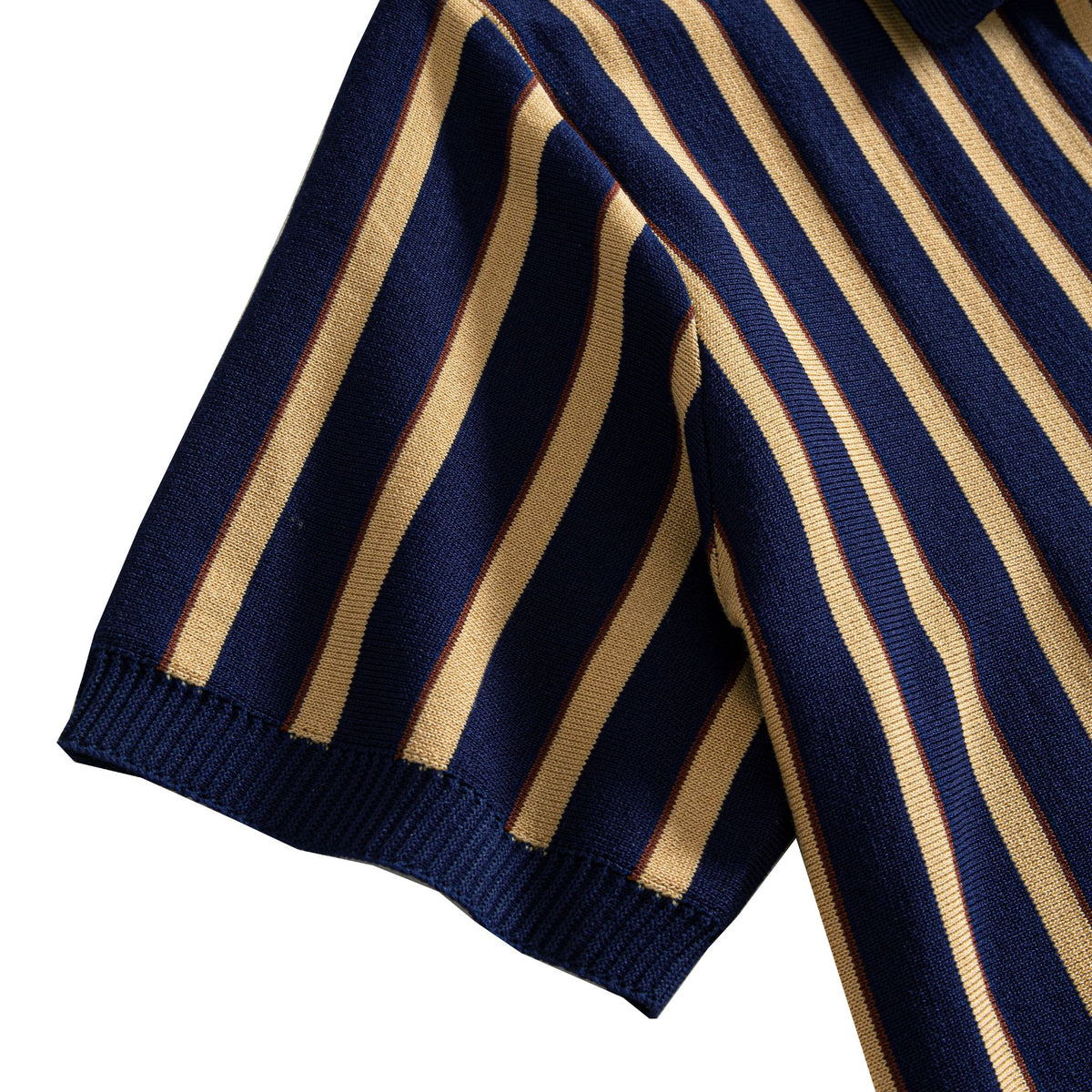 OROMEN Vertical Stripe Knit Polo navy blue sleeve ribbed cuff detail