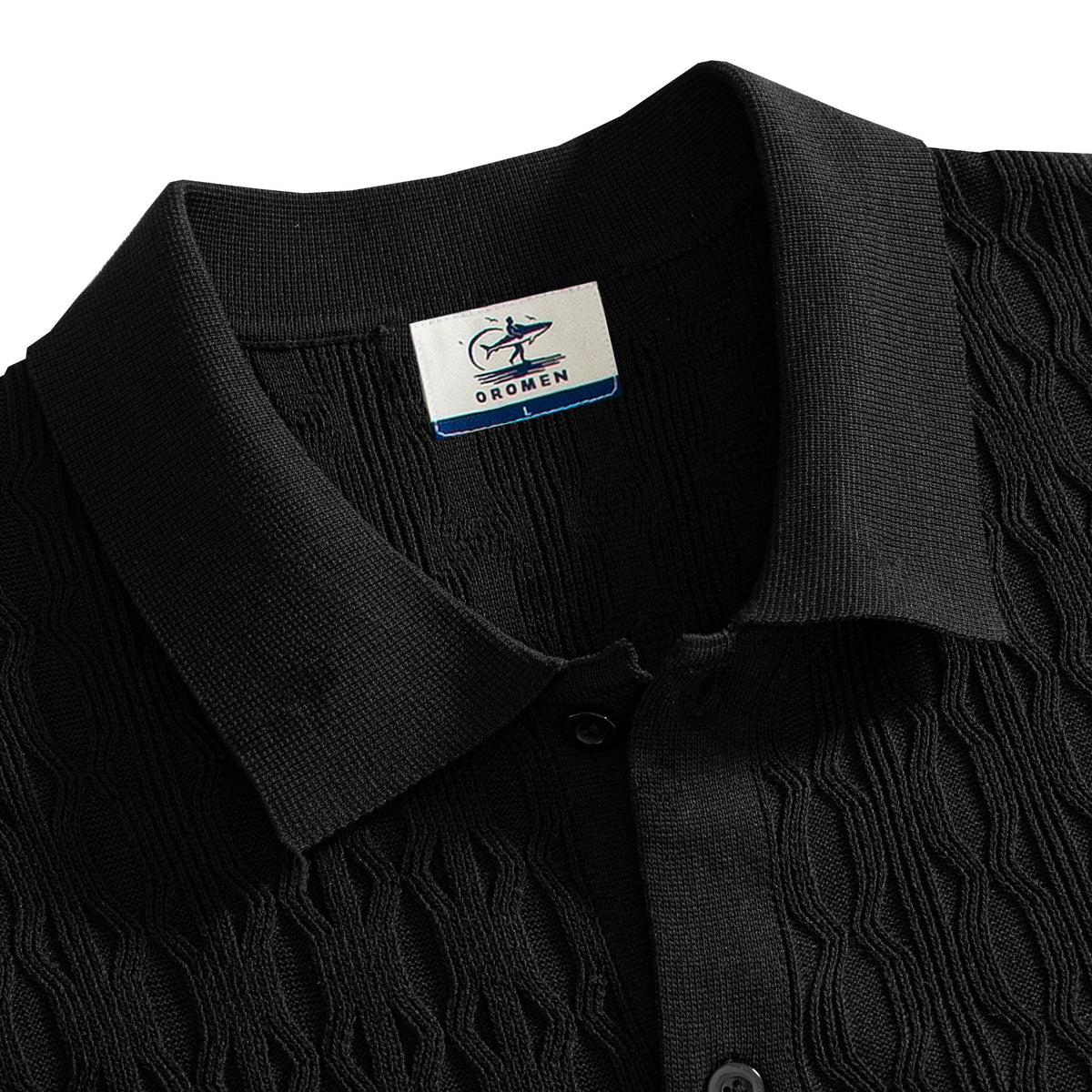 OROMEN Wave Jacquard Knit Polo black camp collar detail close-up