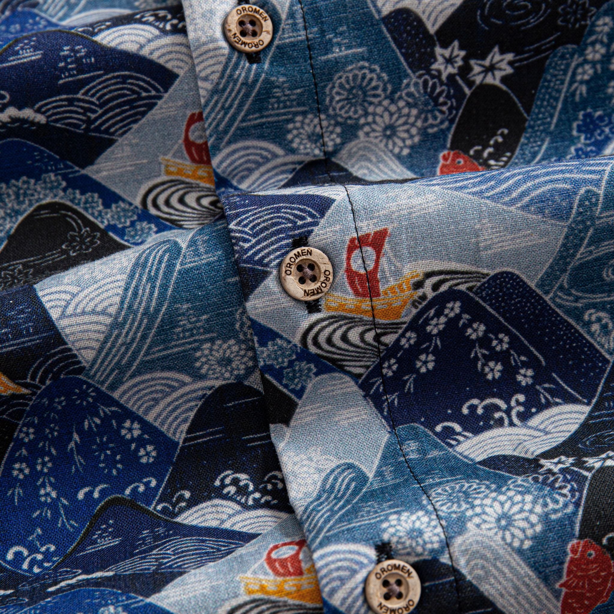 OROMEN Wave Mountain Shirt – Branded Coconut Button Close-Up, Ukiyo-e Wave Print