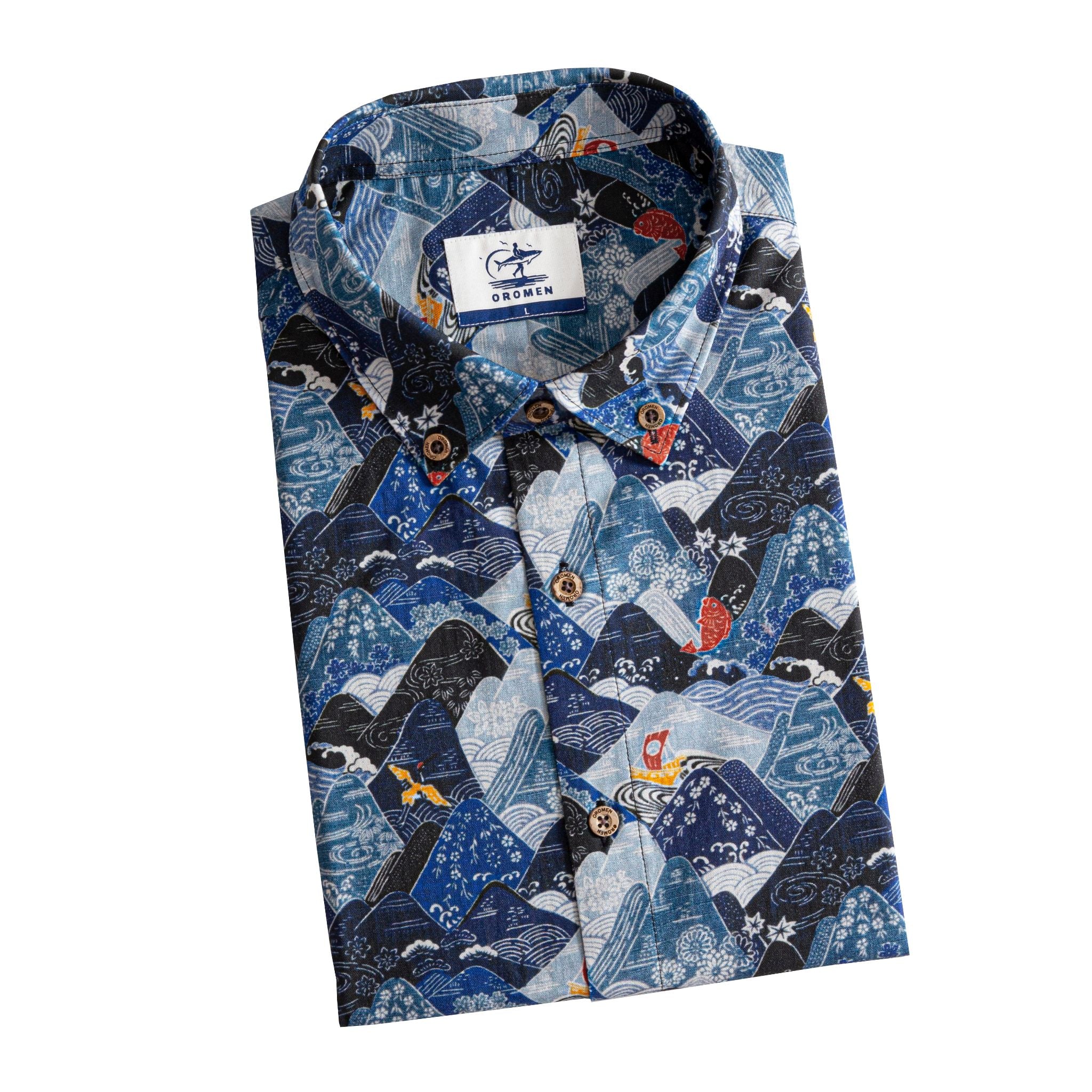 OROMEN Wave Mountain Shirt – Folded Display, Brand Label & Coconut Buttons Detail