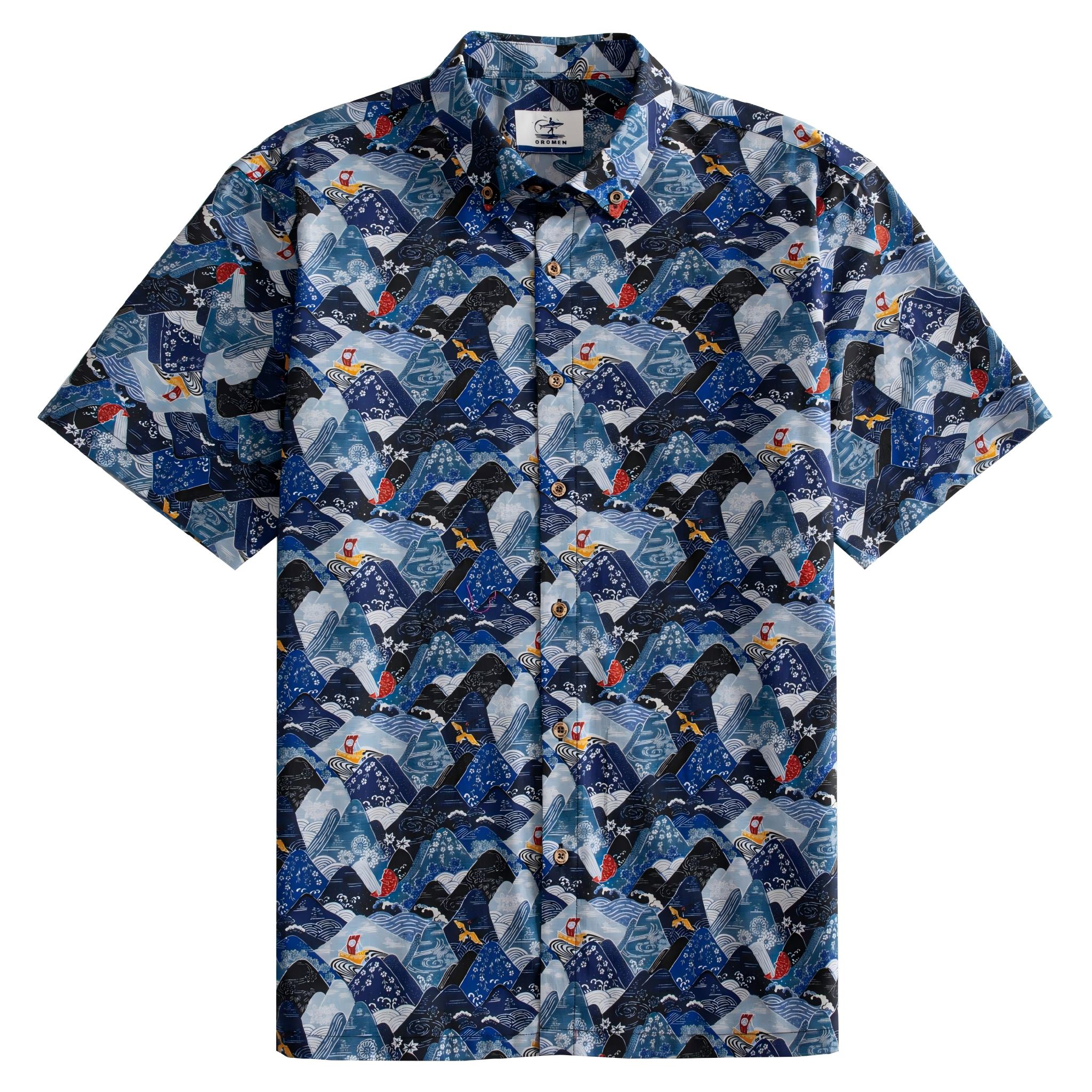 OROMEN Wave Mountain Shirt – Front Flat Lay, Ukiyo-e Mountain & Wave Print, Coconut Buttons