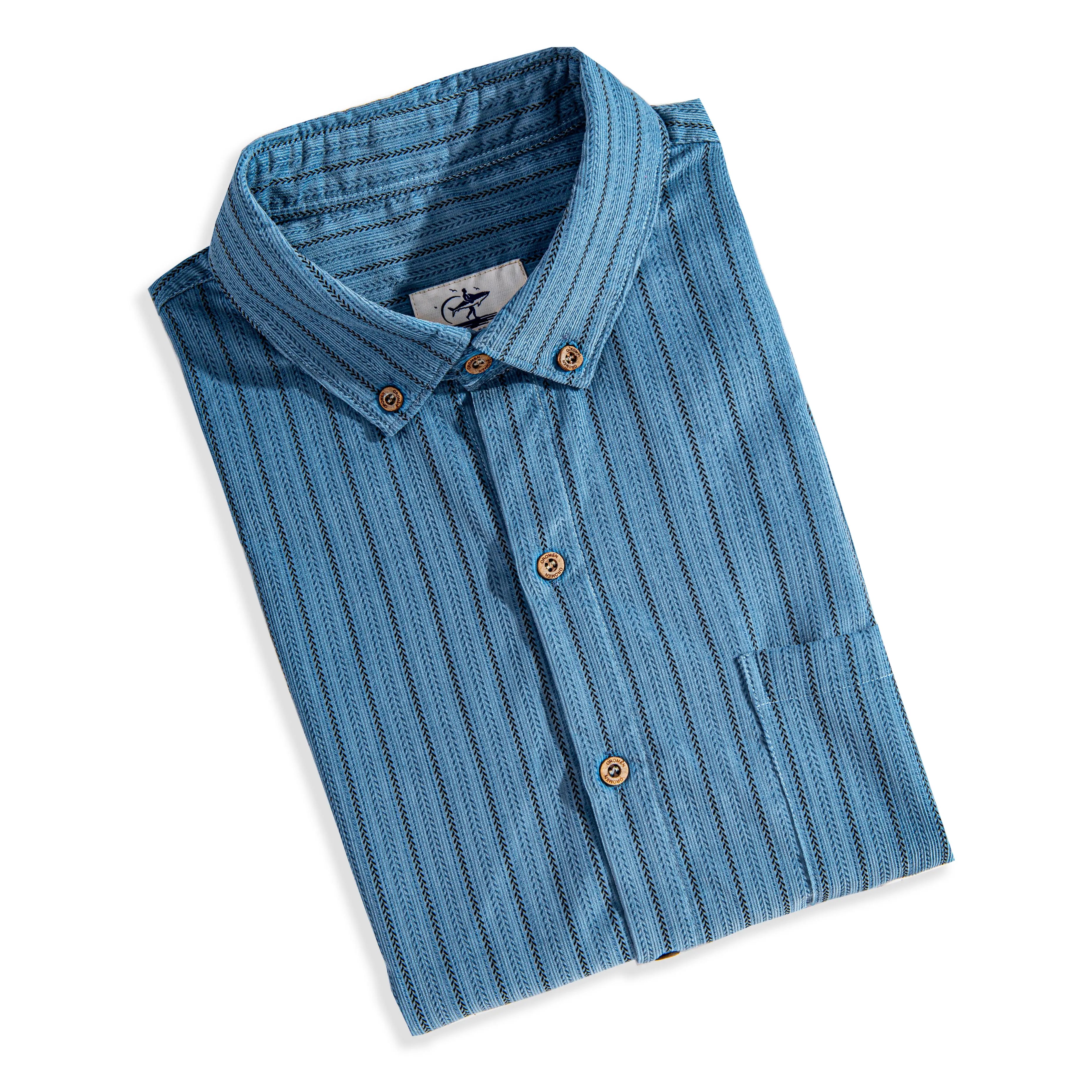 OROMEN Wheat Stripe Corduroy Shirt – Folded Flat Lay with Brand Label and Hangtag, Steel Blue Cotton