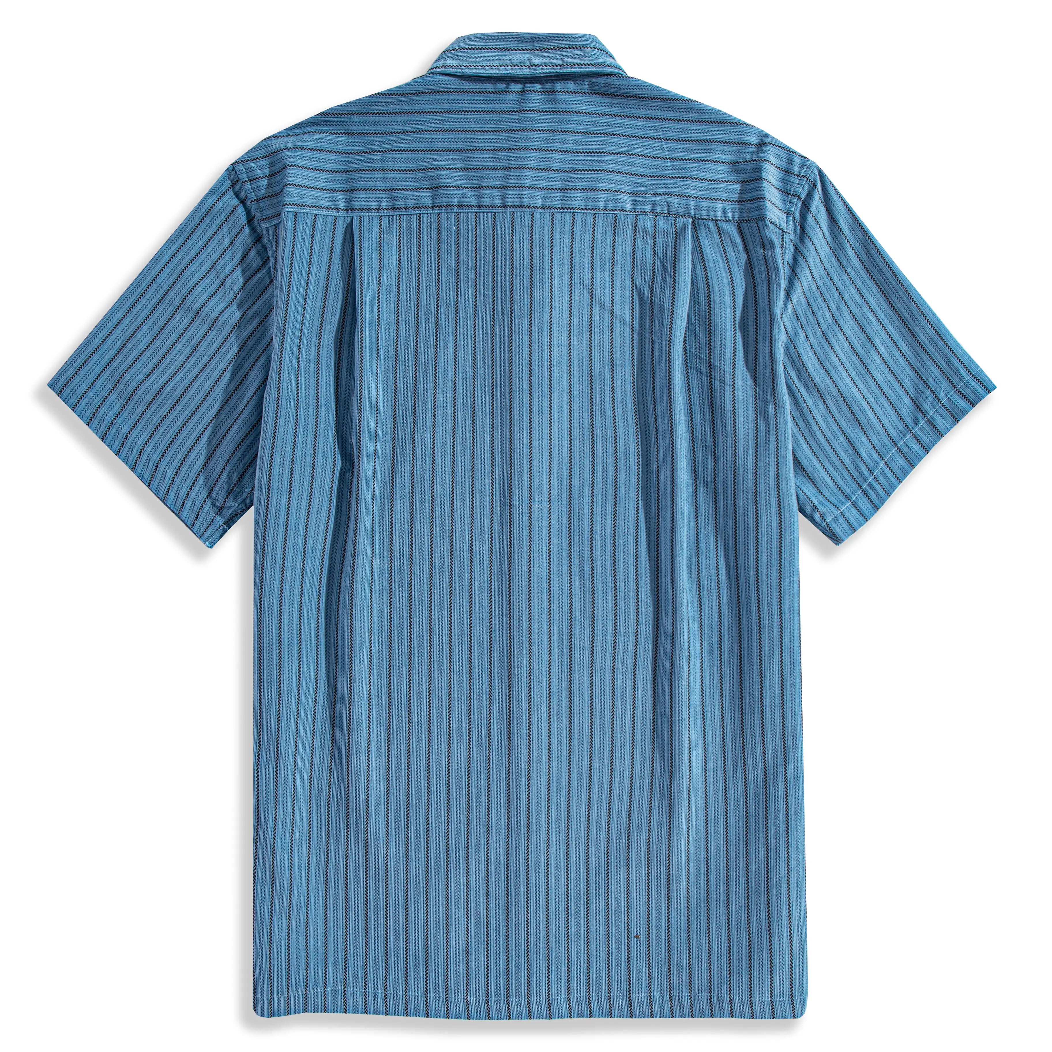 OROMEN Wheat Stripe Corduroy Shirt – Steel Blue 100% Cotton, Wheat Stitch Stripe, Back View with Box Pleat