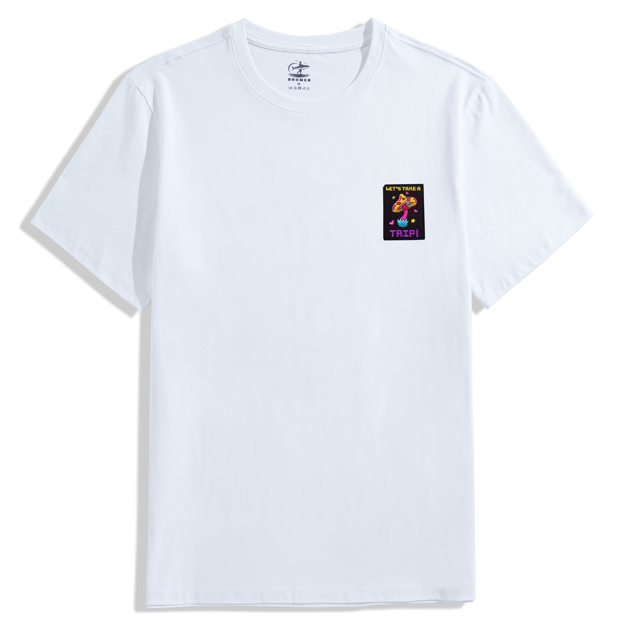 OROMEN White "Let's Take A Trip" Mushroom Embroidery T-Shirt – Front View