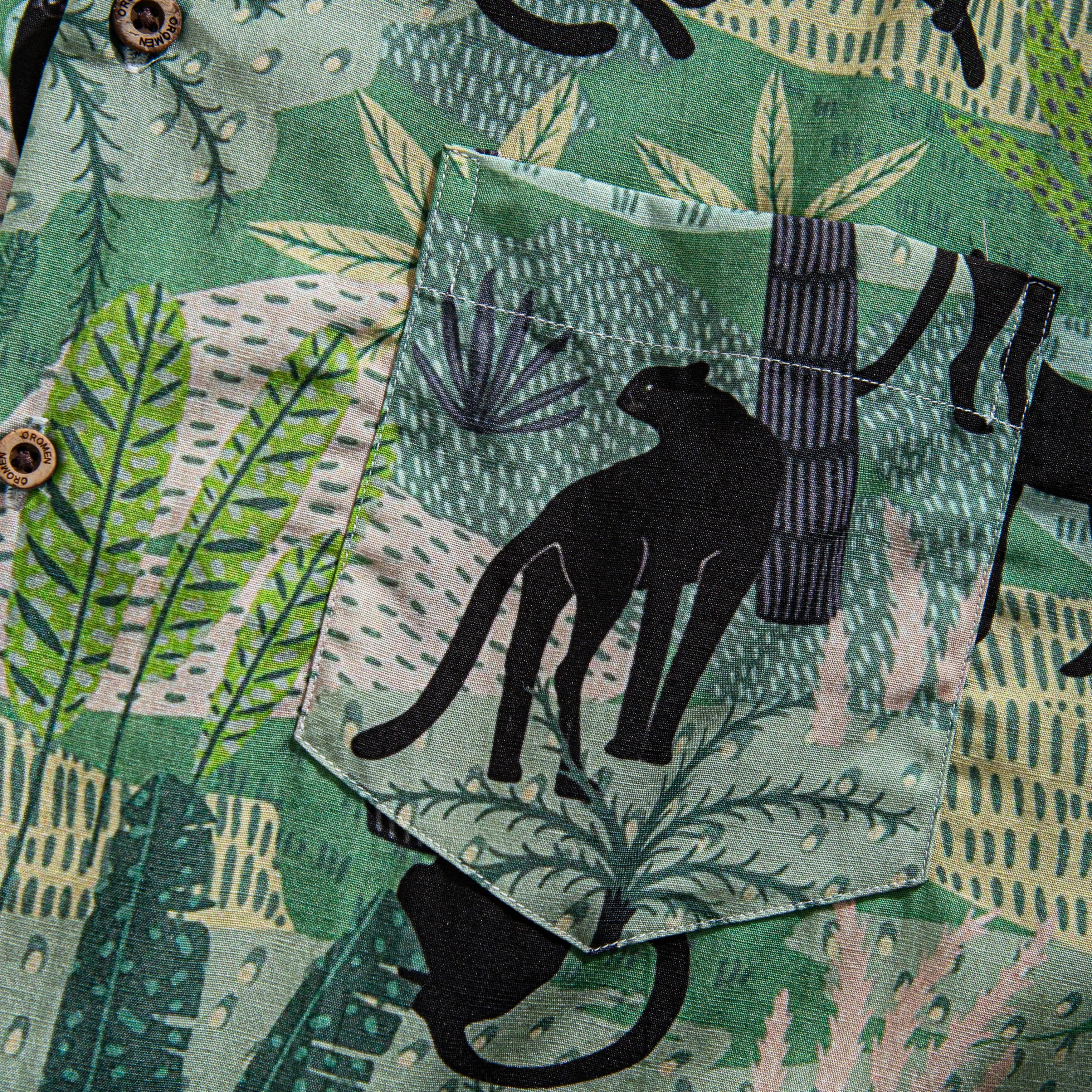 OROMEN Wild Jungle Shirt – Pocket Detail Black Panther Print on Green Background