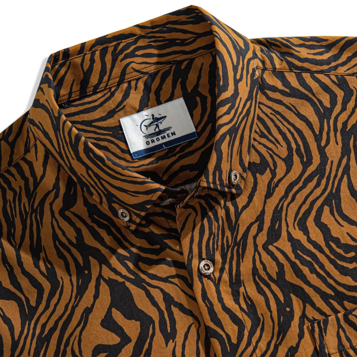 OROMEN Zebra Tattoo Hawaiian Shirt — brand label and craftsmanship detail