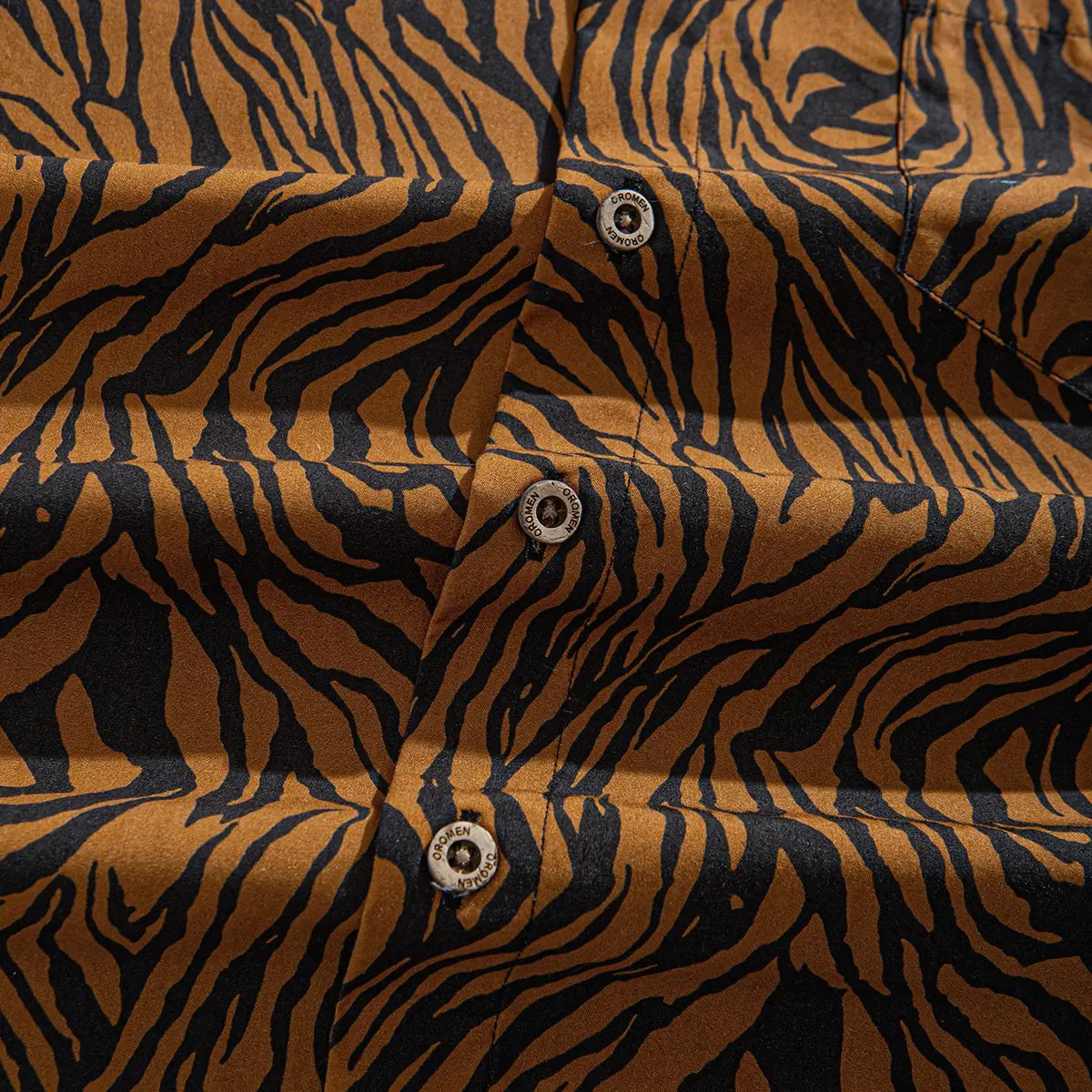 OROMEN Zebra Tattoo Hawaiian Shirt — natural coconut buttons close-up