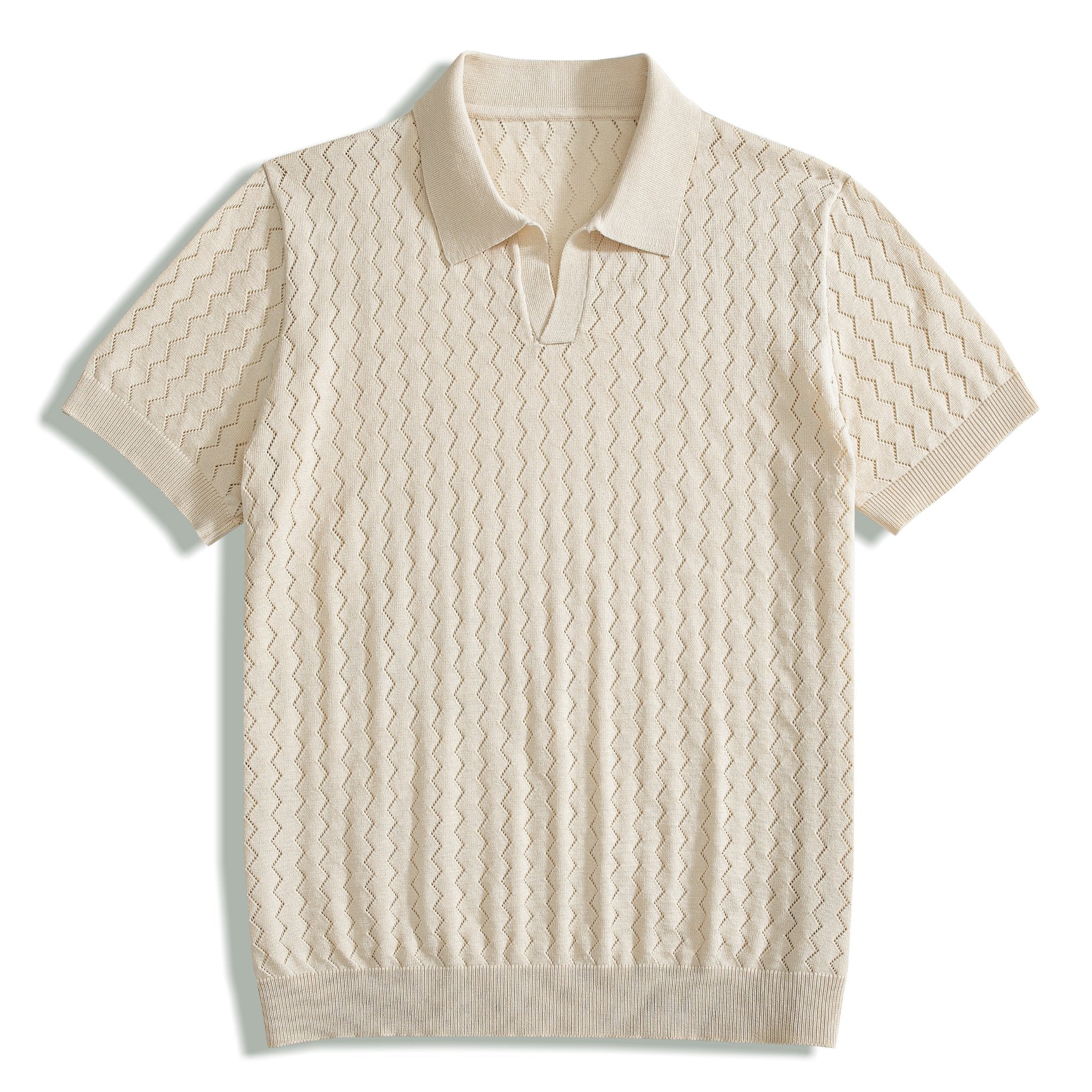 OROMEN Zigzag Hollow Knitted Polo Shirt in Beige – Front View