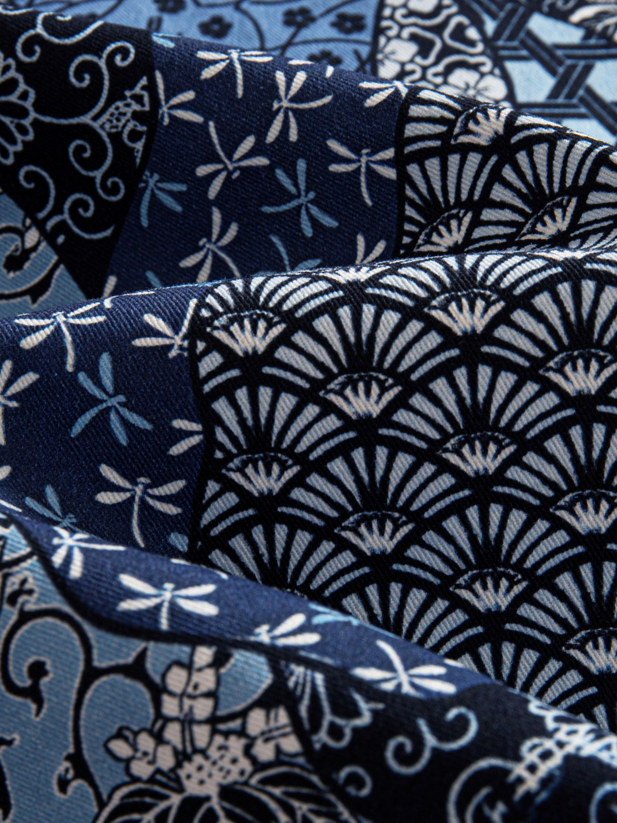 OROMEN indigo floral kimono cardigan cotton fabric close-up with blossom and fan motifs