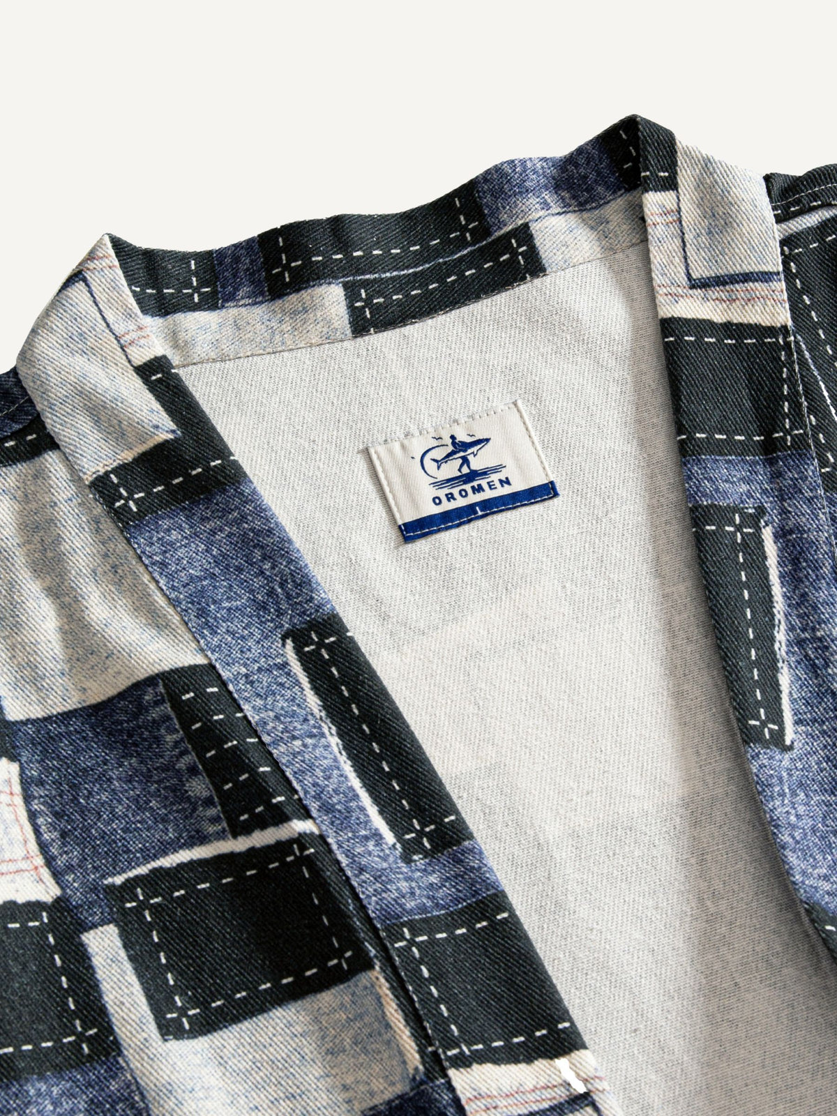 OROMEN patchwork kimono cardigan collar band close-up