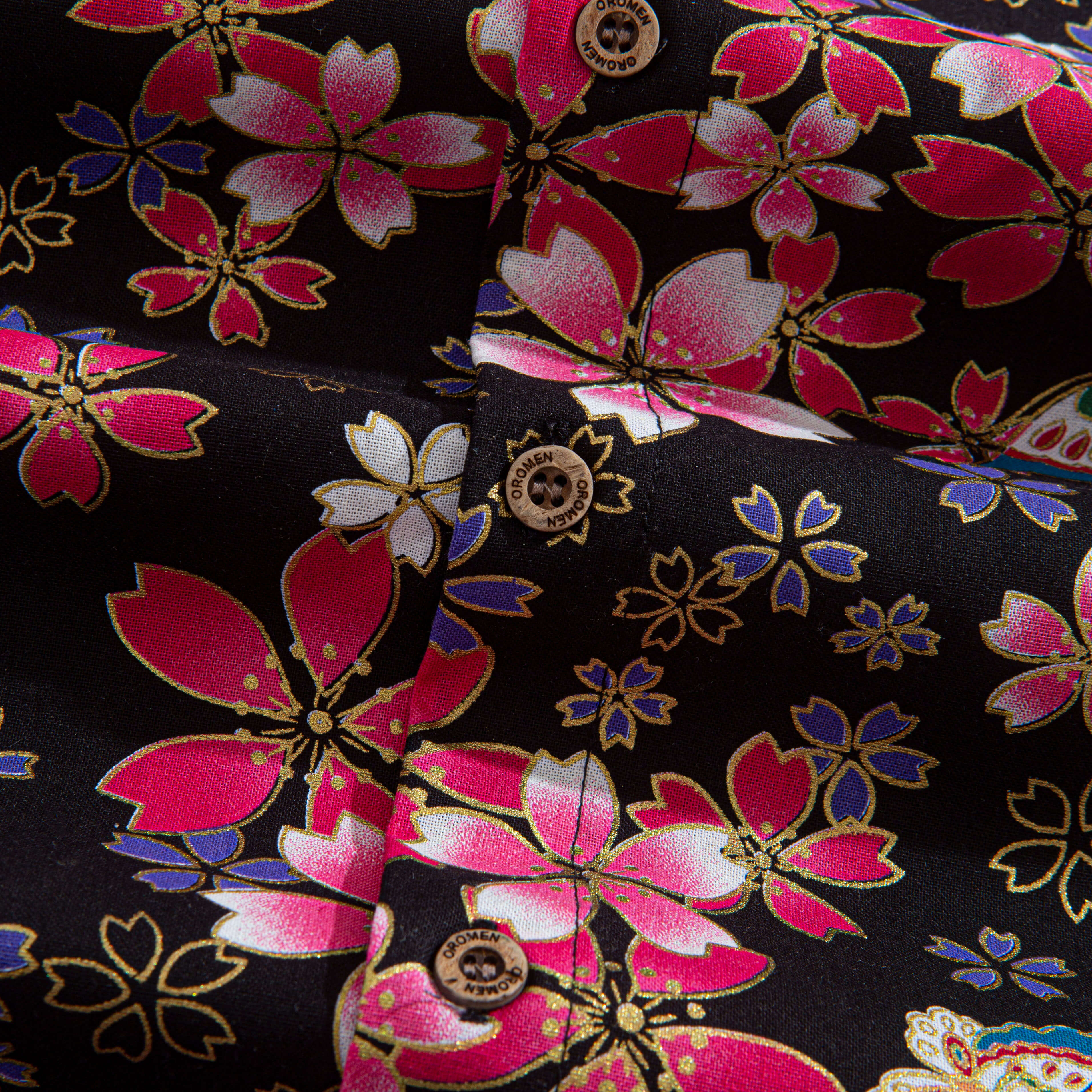 OROMEN sakura shirt side view - natural coconut buttons and double needle stitching