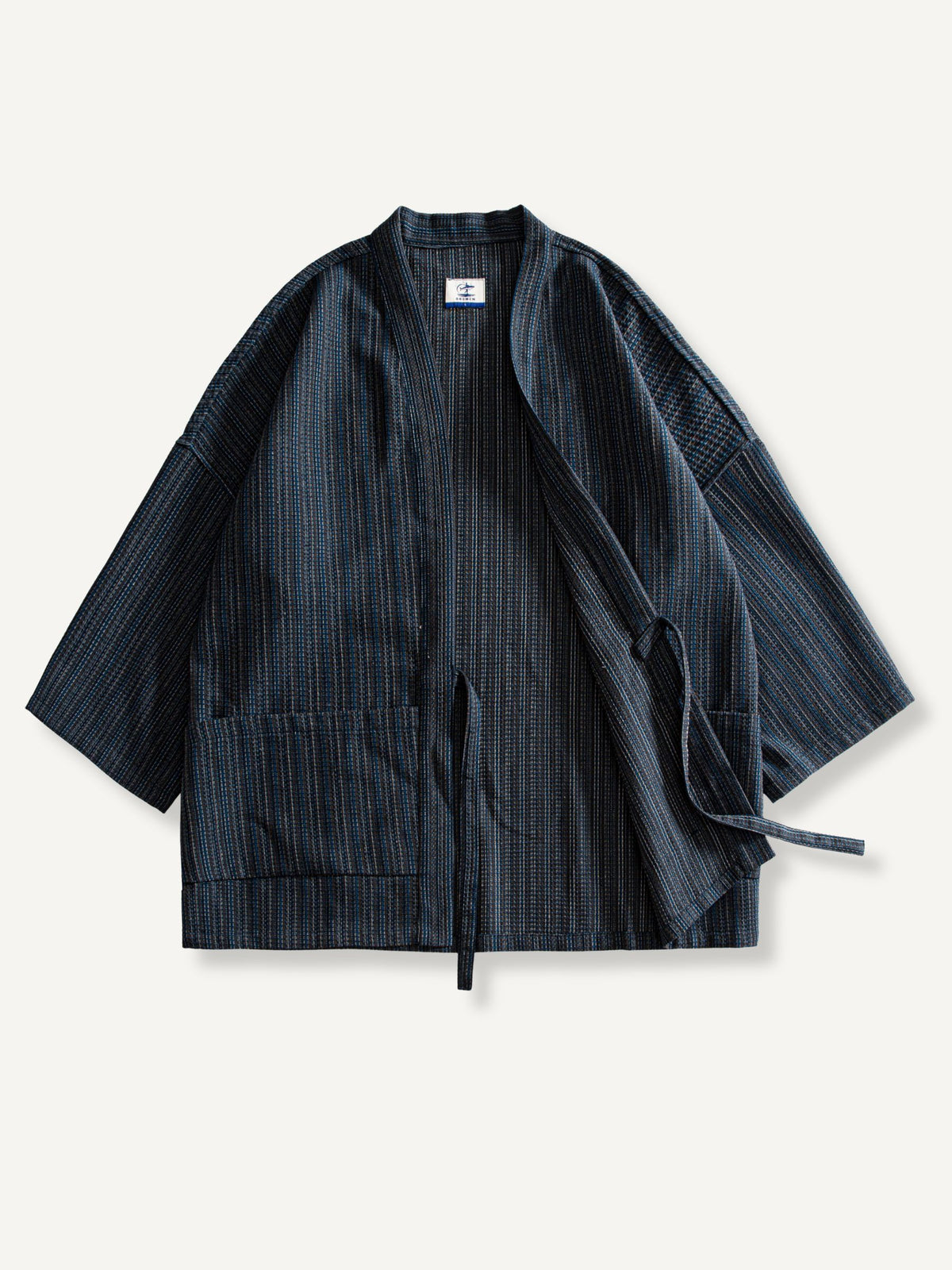 OROMEN tie-front haori cardigan with one side open, front view