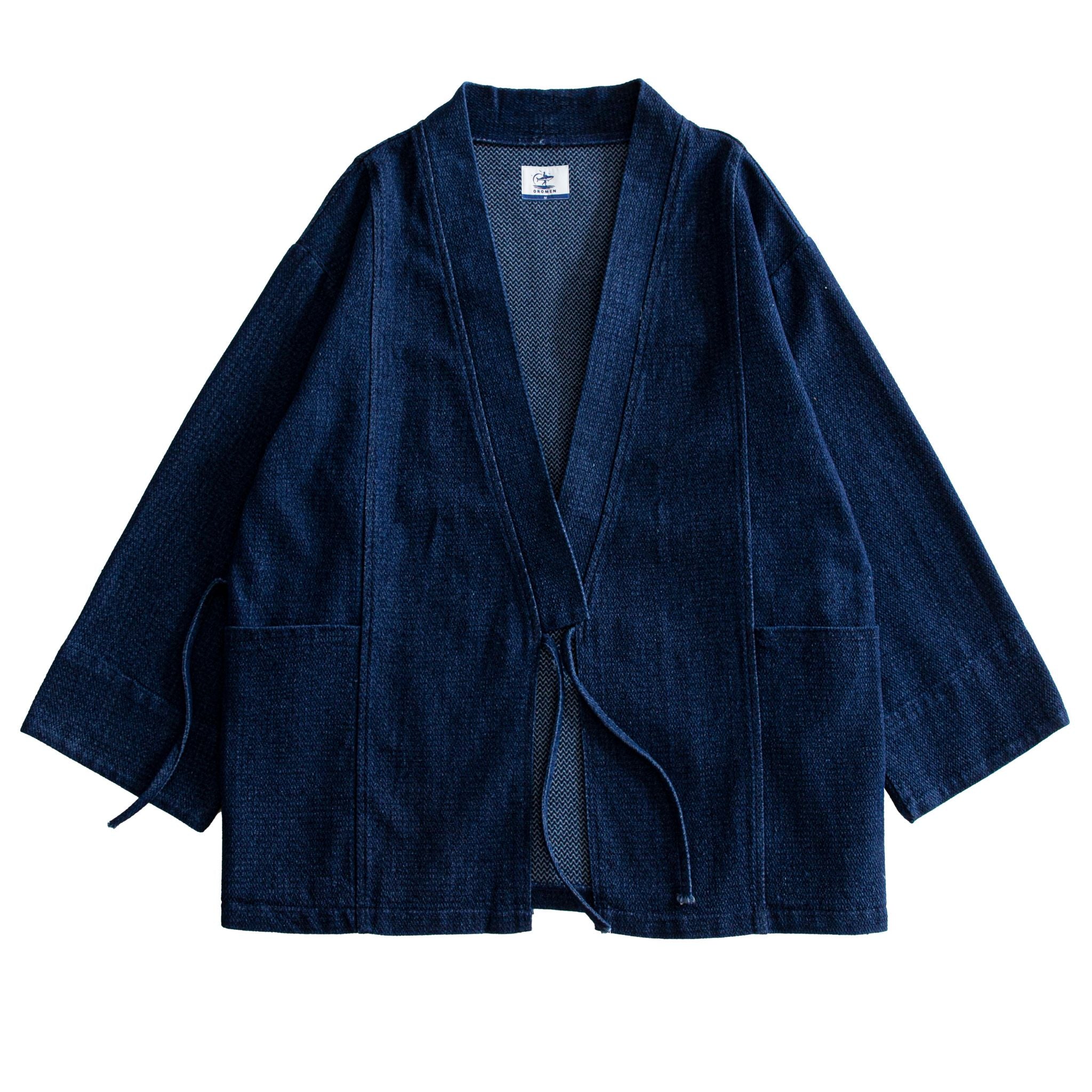OROMEN Indigo Denim Haori Jacket – Front View, Cotton-Linen Blend