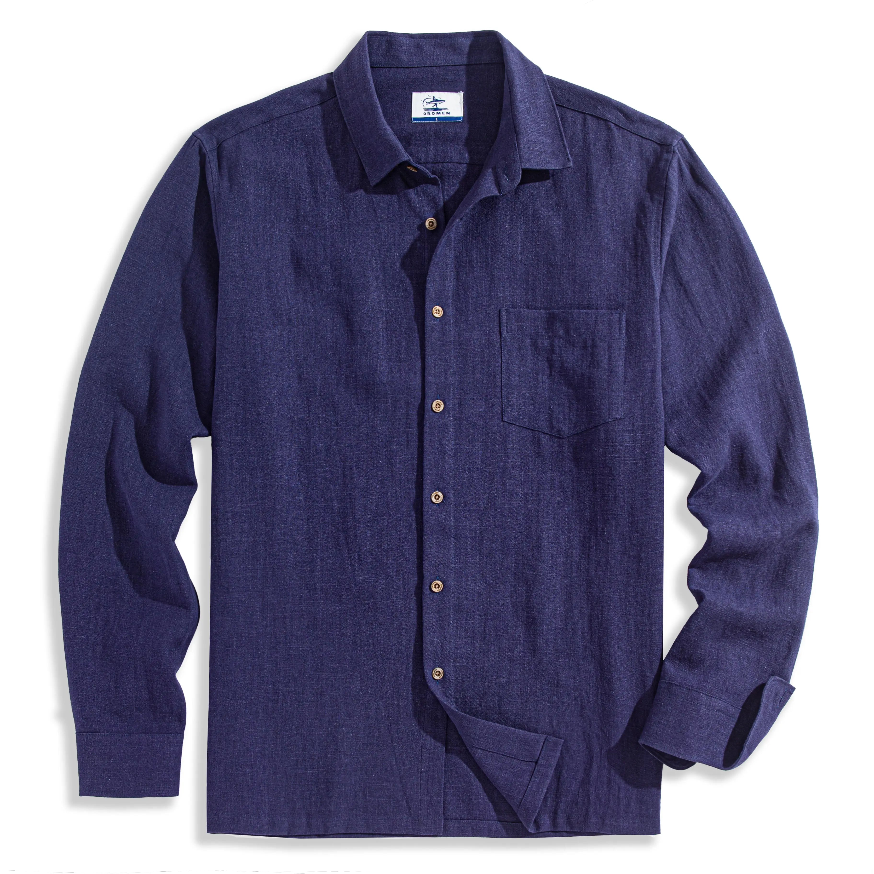 OROMEN Indigo Tailored Linen Long Sleeve Shirt – Navy
