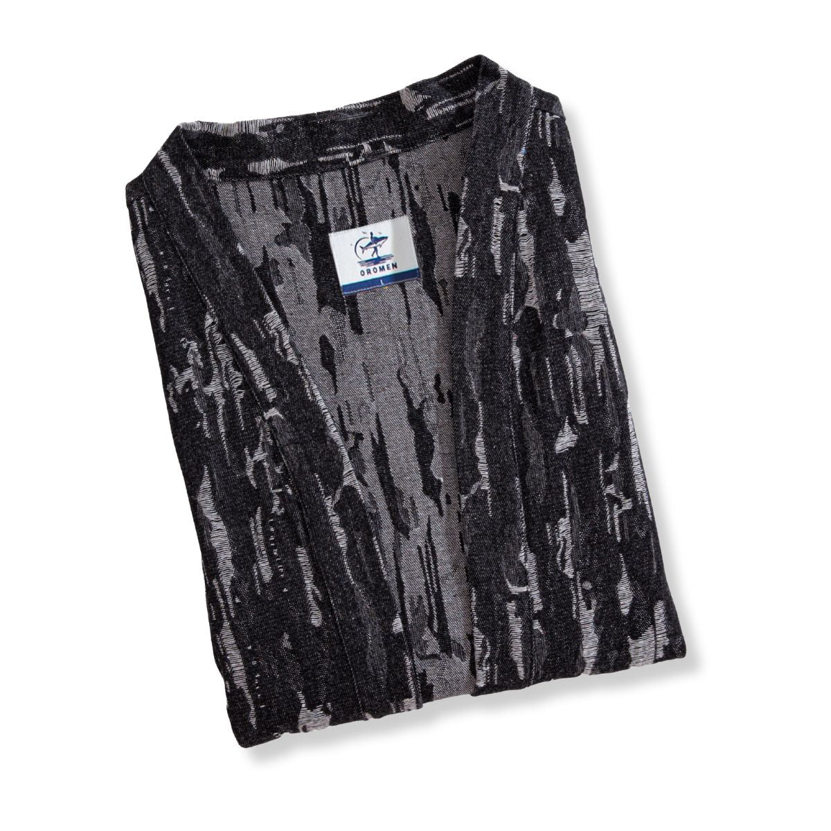 OROMEN Jacquard Crackle Kimono Jacket folded flat, packaged presentation, black jacquard